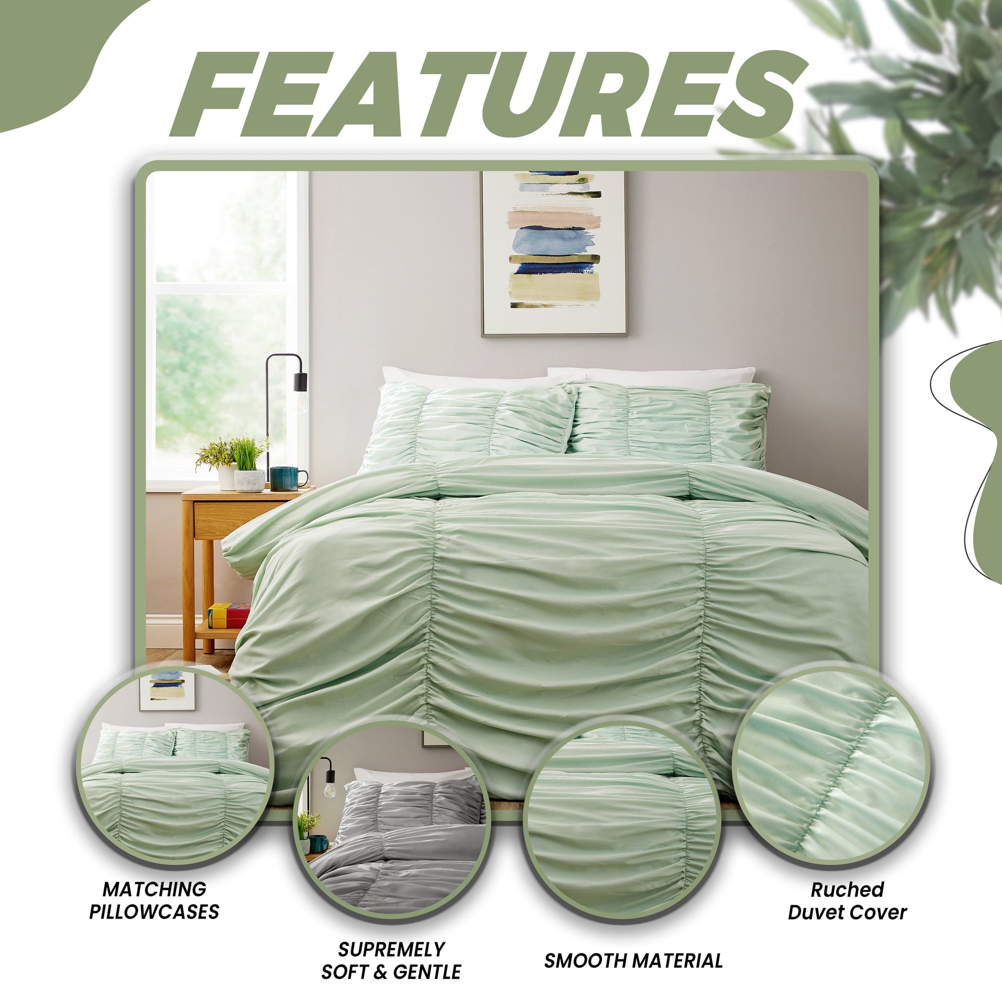 OLIVIA ROCCO Ruched Sage Green Microfibre Duvet Cover Set With Pillowcases Easy Care