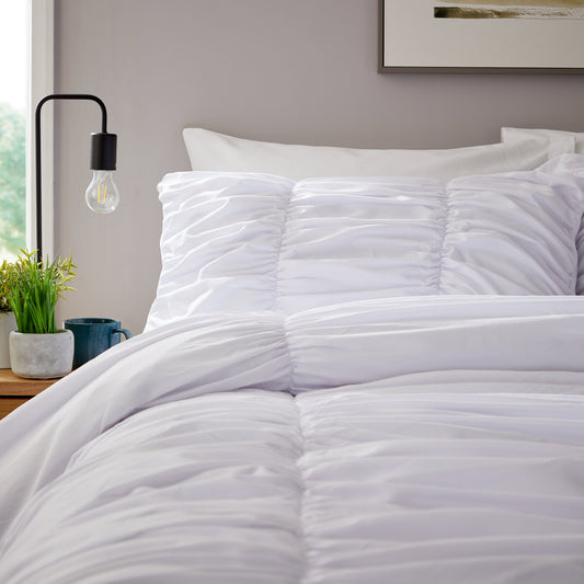 OLIVIA ROCCO Ruched White Microfibre Duvet Cover Set With Pillowcases Ruffle Bedding