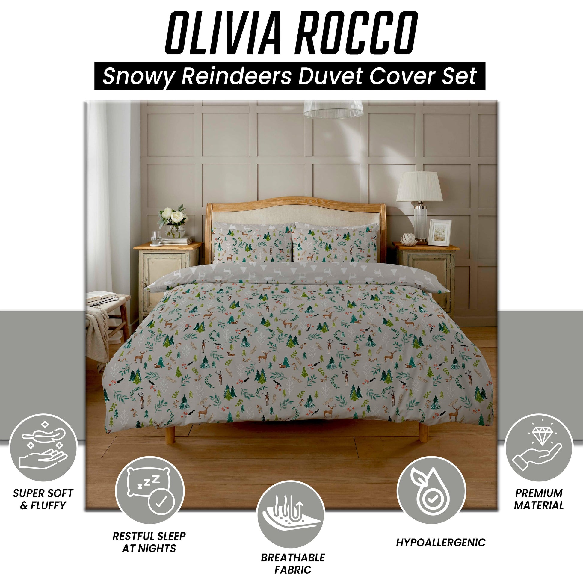 OLIVIA ROCCO Snowy Reindeers Reversible Duvet Cover Set With Pillowcases Polycotton