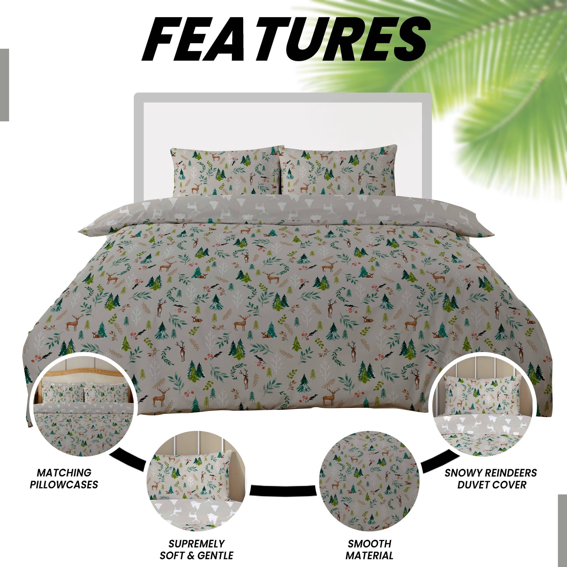 OLIVIA ROCCO Snowy Reindeers Reversible Duvet Cover Set With Pillowcases Polycotton