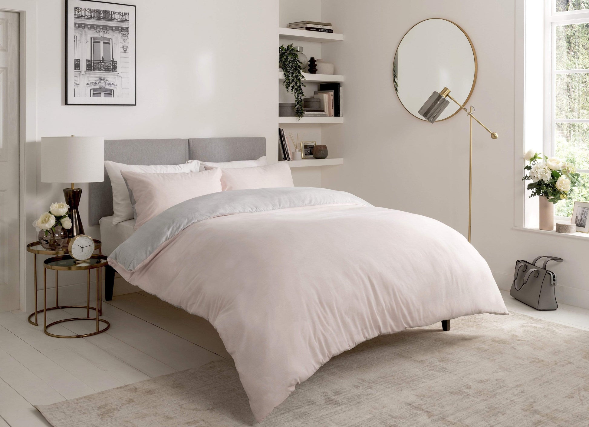 OLIVIA ROCCO Chambray Reversible Duvet Set Cotton Rich Bedding In Grey And Pink Sizes