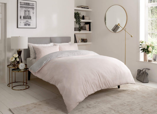 OLIVIA ROCCO Chambray Reversible Duvet Set Cotton Rich Bedding In Grey And Pink Sizes