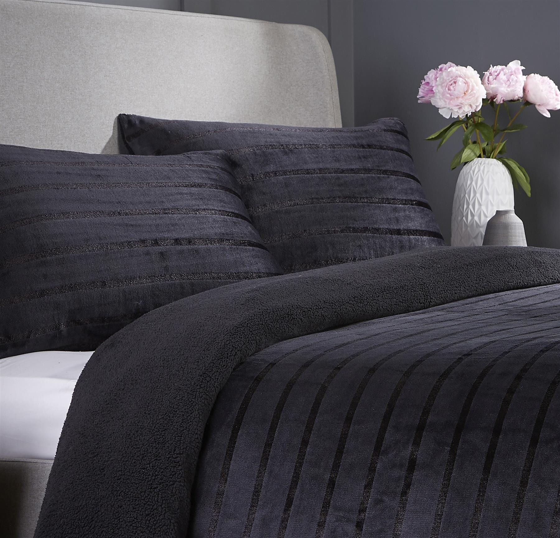 OLIVIA ROCCO Satin Stripe Reversible Faux Fur Teddy Duvet Cover Set Super Soft Easy Care