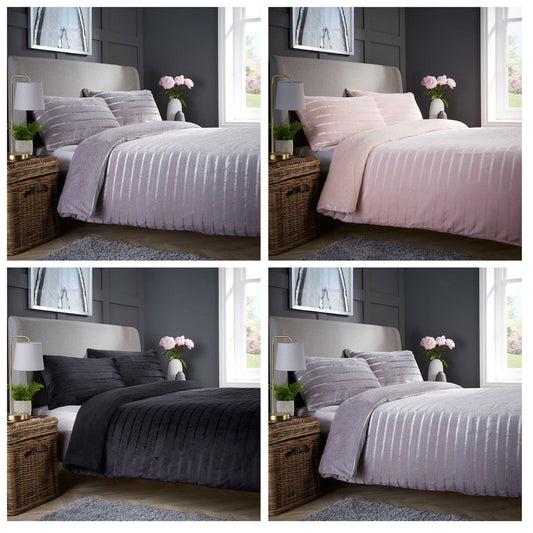 OLIVIA ROCCO Satin Stripe Reversible Faux Fur Teddy Duvet Cover Set Super Soft Easy Care