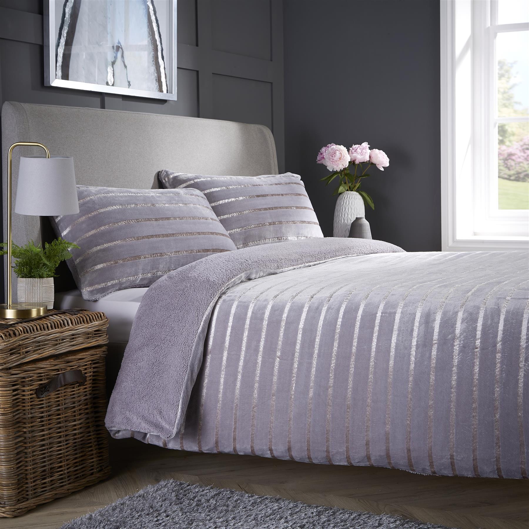 OLIVIA ROCCO Satin Stripe Reversible Faux Fur Teddy Duvet Cover Set Super Soft Easy Care