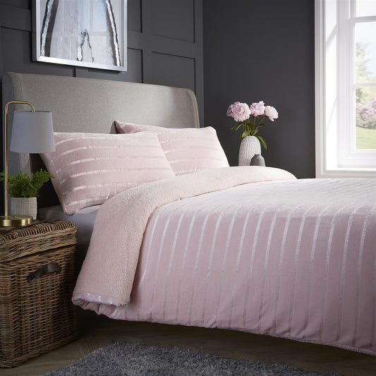 OLIVIA ROCCO Satin Stripe Reversible Faux Fur Teddy Duvet Cover Set Super Soft Easy Care
