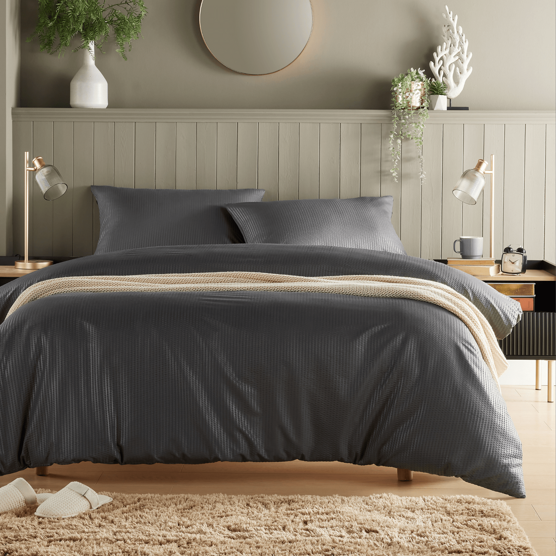 OLIVIA ROCCO Monaco Seersucker Duvet Cover Set Grey And White With Pillowcases For Single