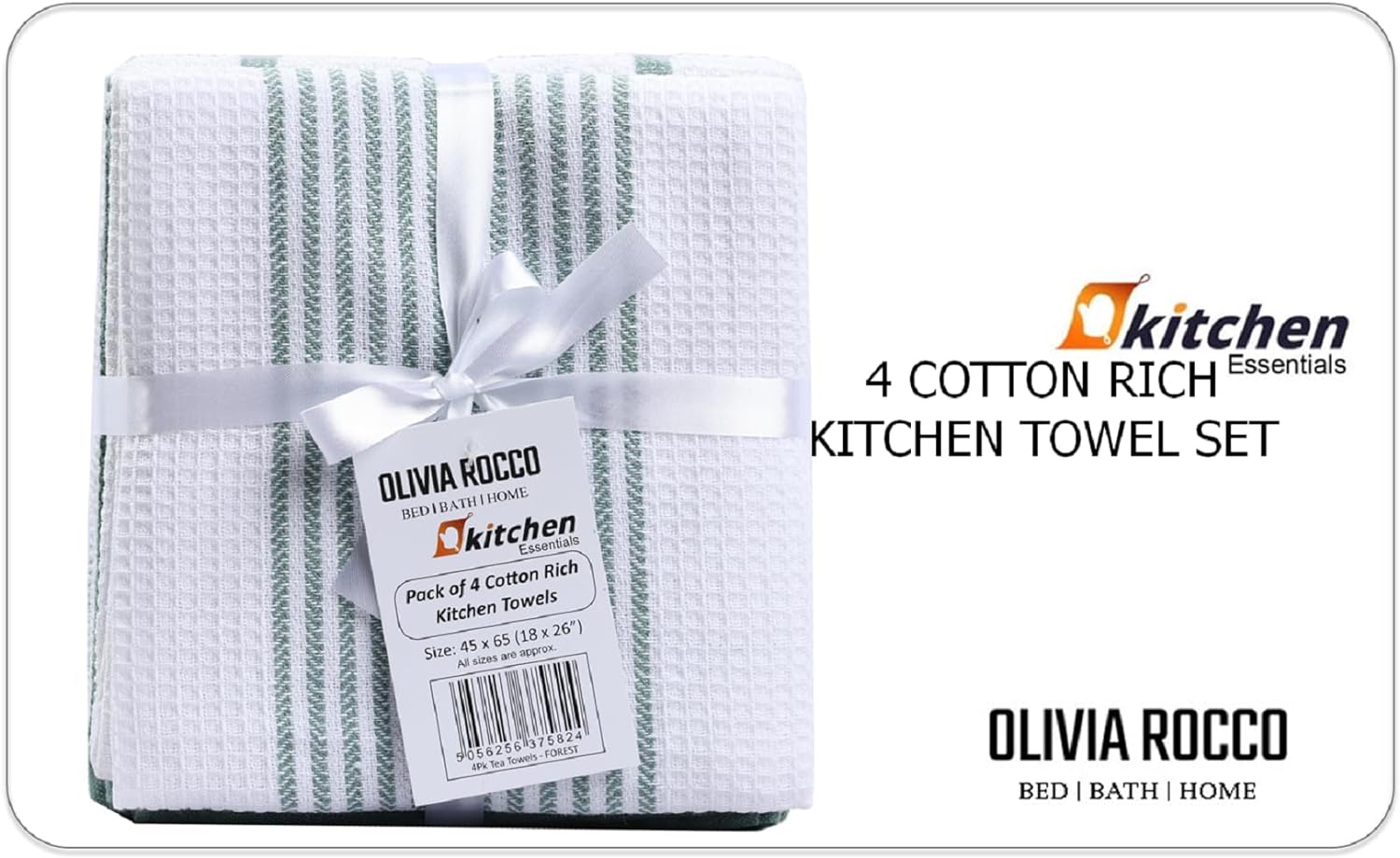 OLIVIA ROCCO Pack Of 4 Green Cotton Tea Towels 65x45 Cm High Absorbency Durable Super Soft Easy-Care Home Essential