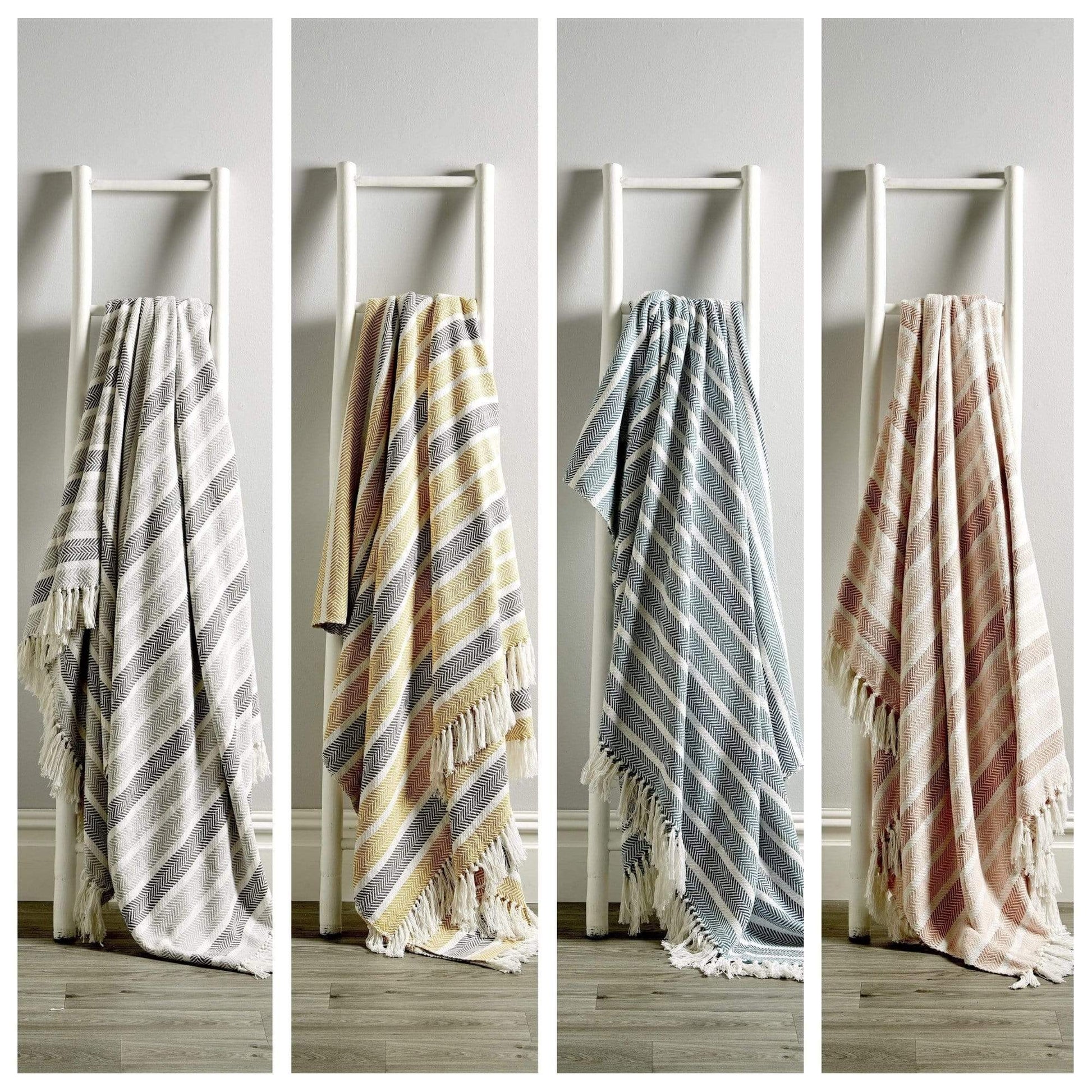 OLIVIA ROCCO Zara Striped Handwoven Pure Cotton Throw Blanket With Tassels Eco Friendly