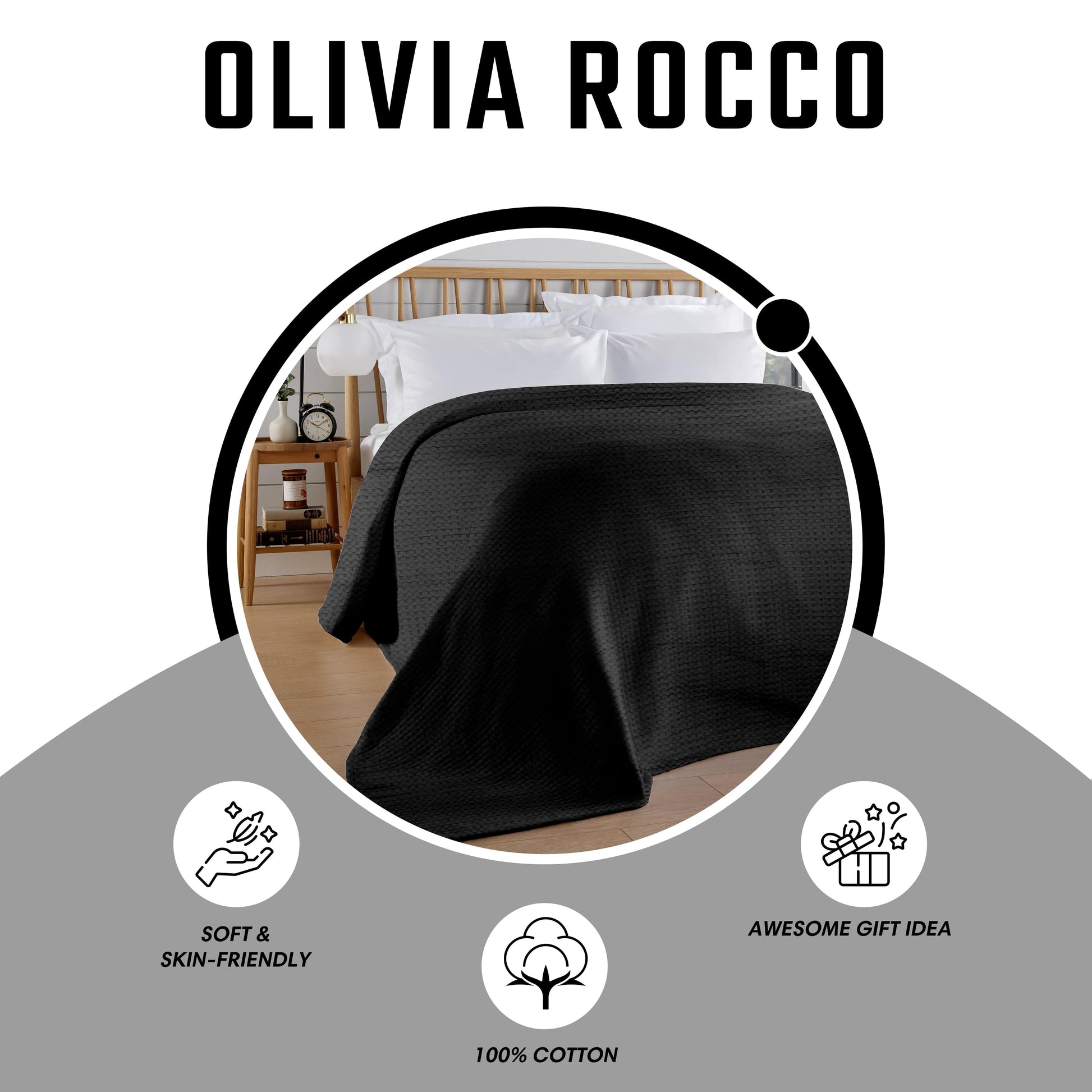 OLIVIA ROCCO Florian Checked Throw Blanket 100% Cotton Black Bedspread For Sofas