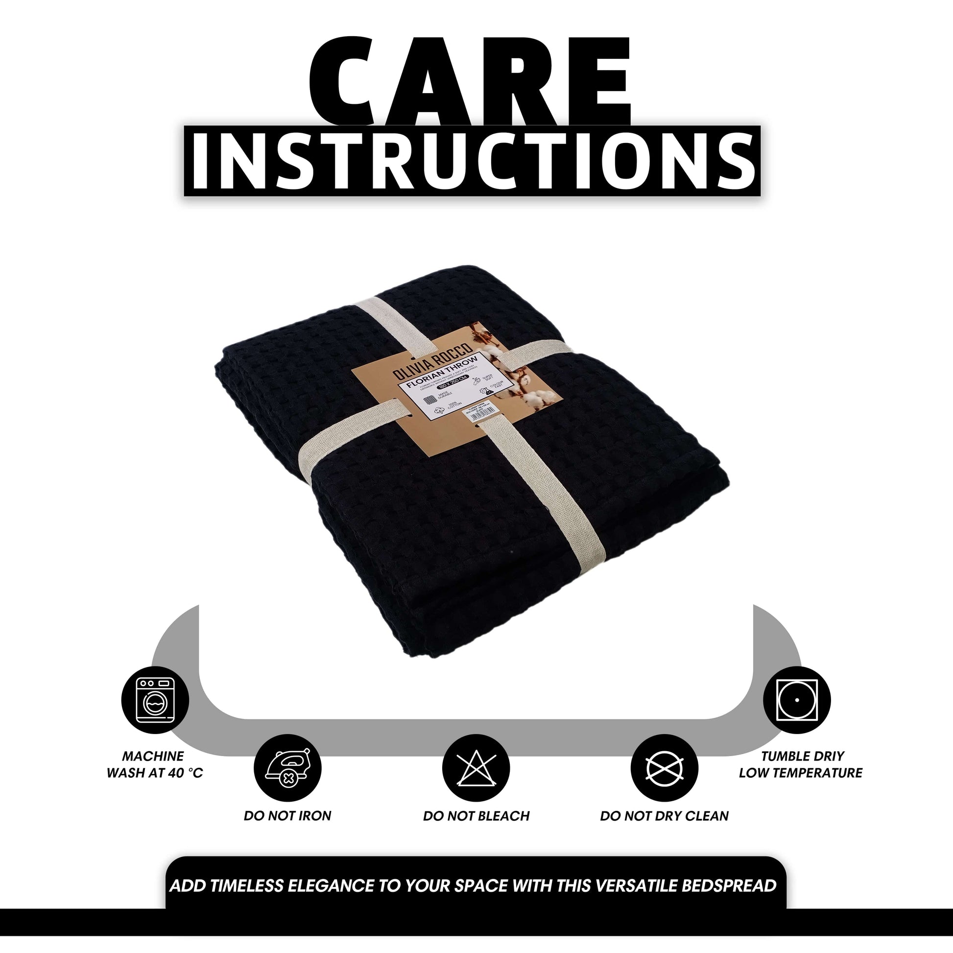 OLIVIA ROCCO Florian Checked Throw Blanket 100% Cotton Black Bedspread For Sofas