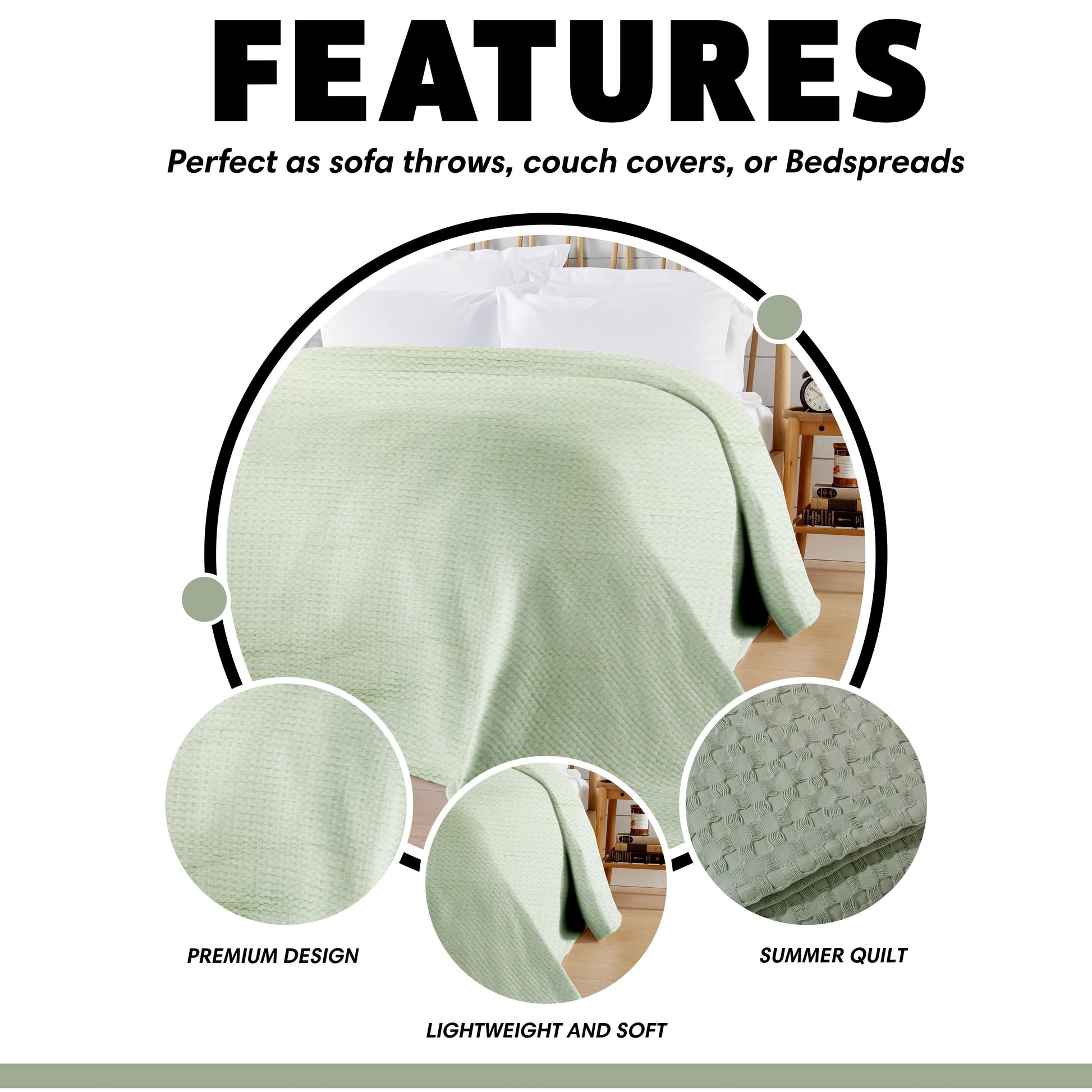 OLIVIA ROCCO Florian Checked Throw Blanket Sage Green 100% Cotton Bedspread For Sofas