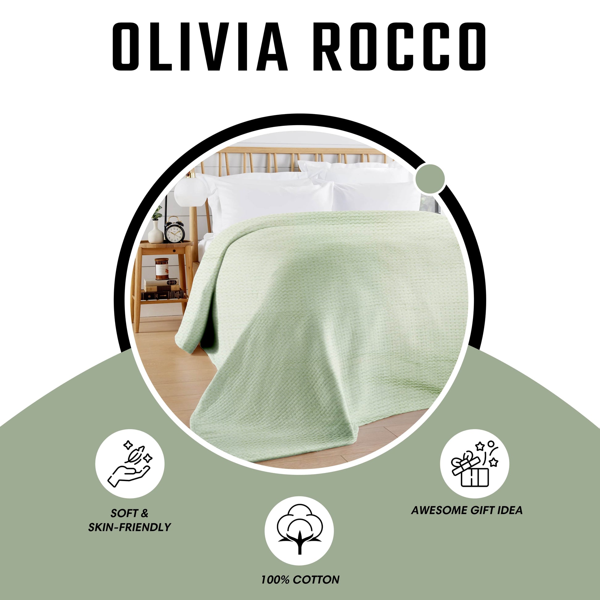 OLIVIA ROCCO Florian Checked Throw Blanket Sage Green 100% Cotton Bedspread For Sofas