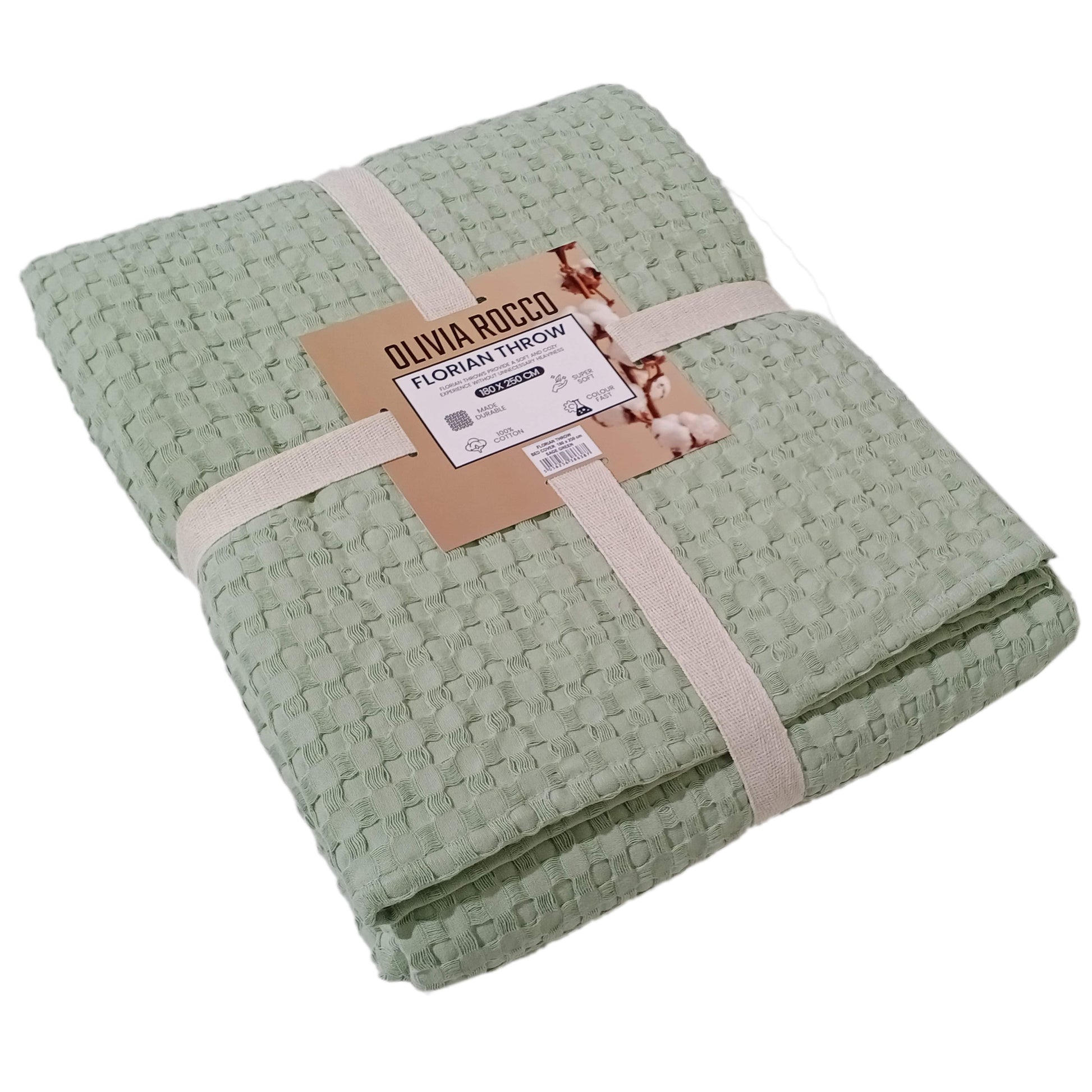 OLIVIA ROCCO Florian Checked Throw Blanket Sage Green 100% Cotton Bedspread For Sofas