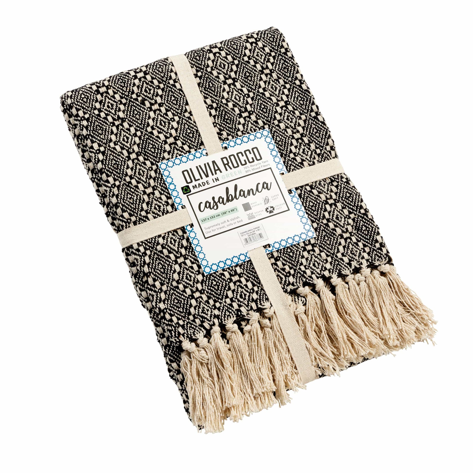 OLIVIA ROCCO Casablanca Check Design Recycled Cotton Throw Blanket With Tassels for Sofas and Beds