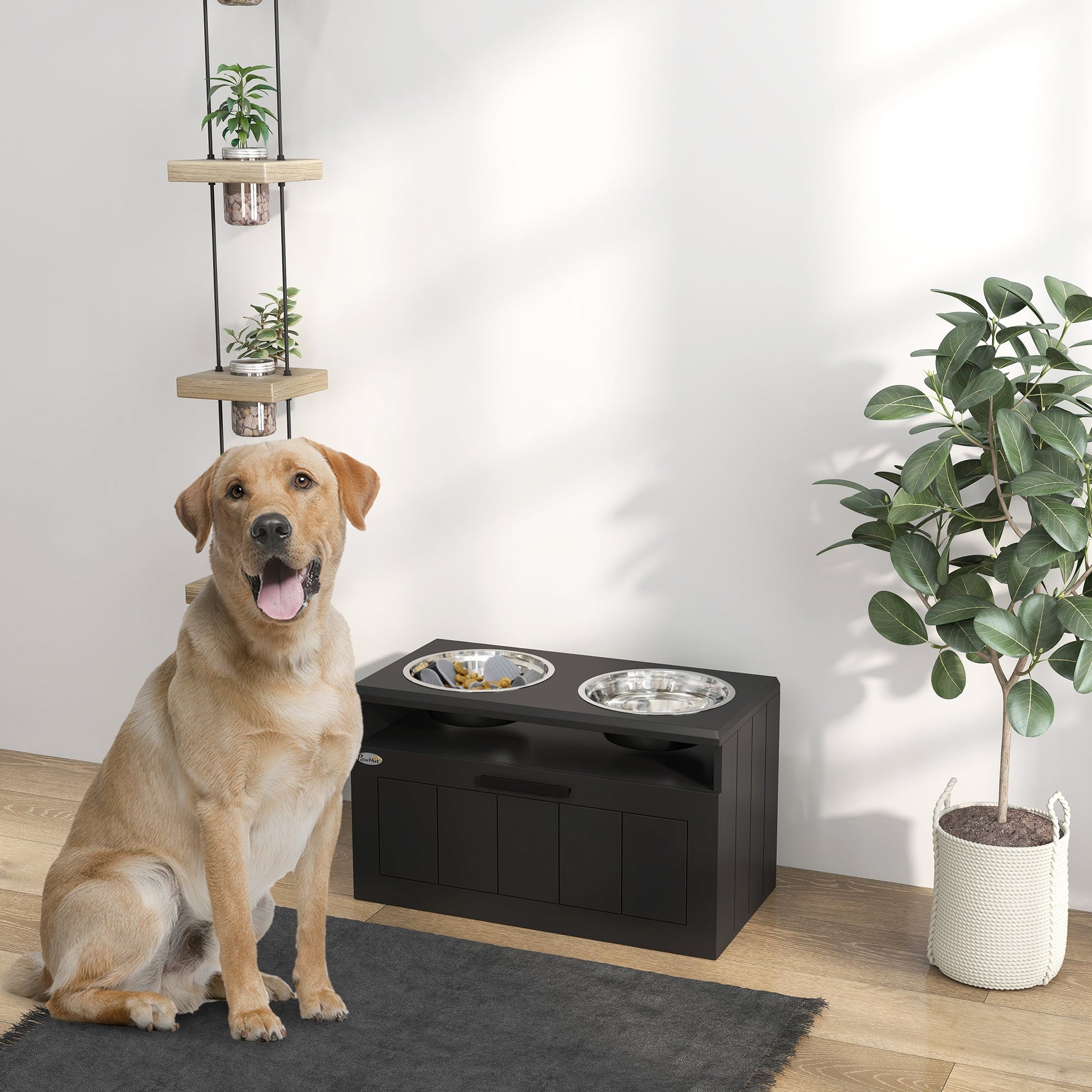 Raised Dog Bowl with Slow Feeder & 2 Stainless Steel Dog Bowl, 25L Storage Drawer, for Large & Extra Large Dogs, Black