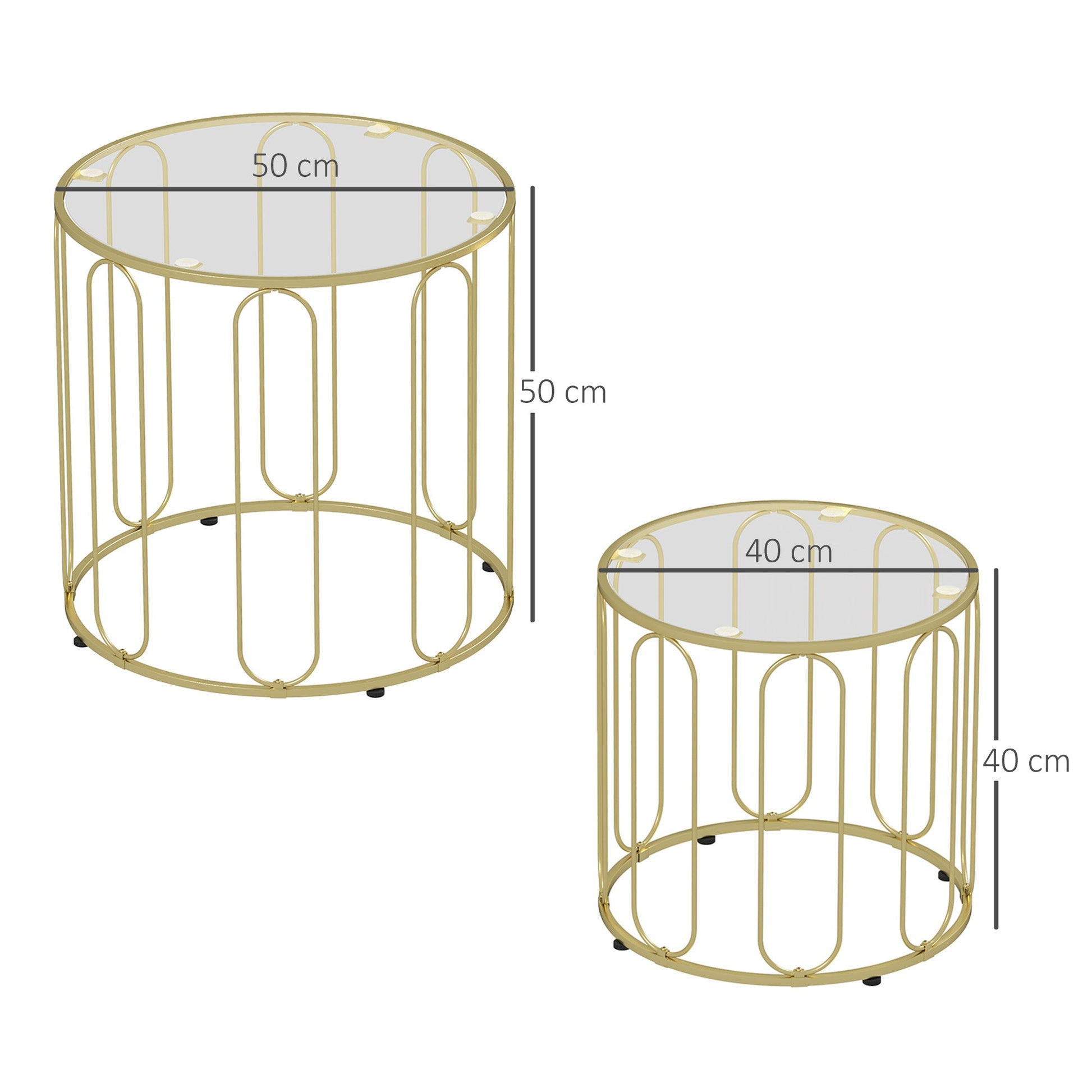 Round Coffee Table Set of 2, Glass Nest of Tables with Metal Frame and Tempered Glass Tabletop, Modern Side Tables for Living Room, Gold Tone