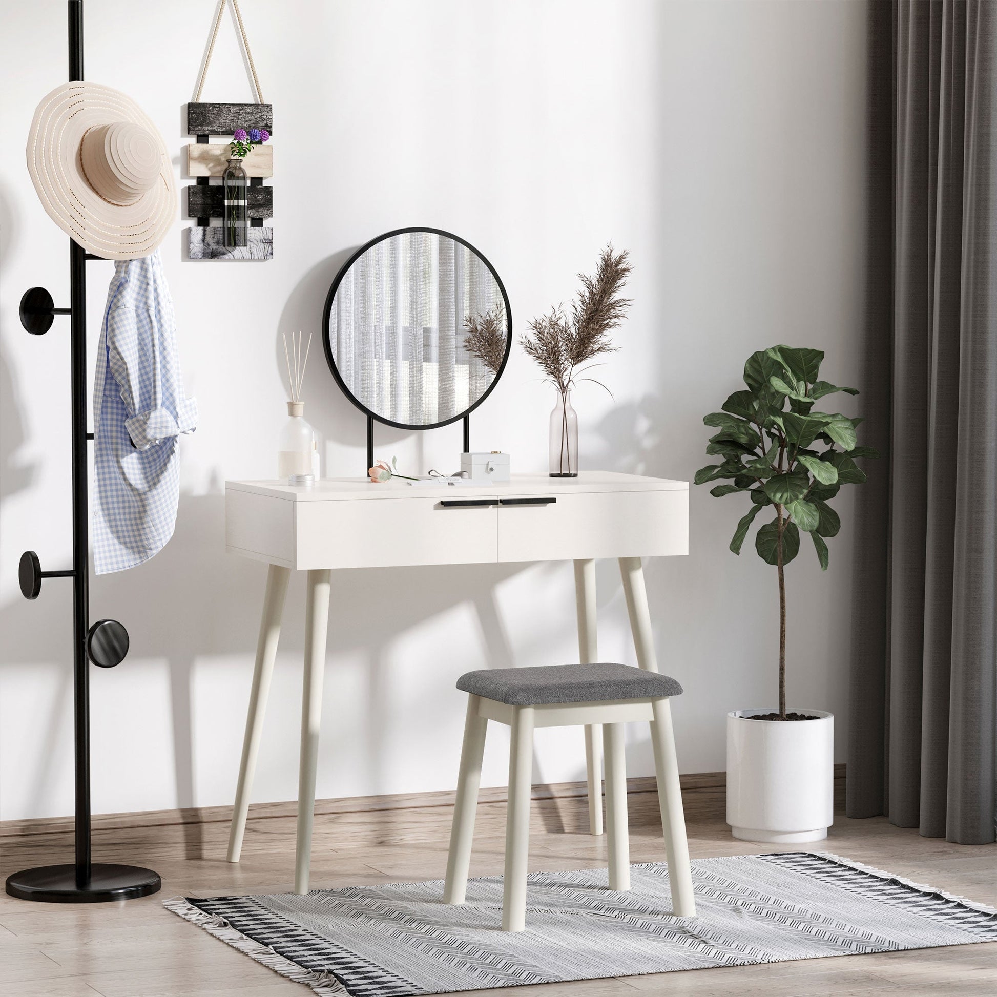 Dressing Table with Mirror and Stool, Vanity Makeup Desk Set with 2 Drawers, Cushioned Stool and Make-up Organizer for Bedroom and Dressing Room, White