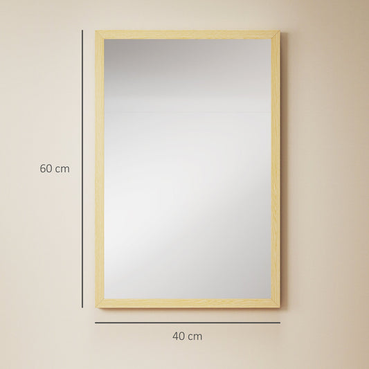 Wall Bathroom Mirror, 60 x 40 cm Wall-Mounted Mirror for Living Room, Bedroom, Hallway, Natural Wood Finish