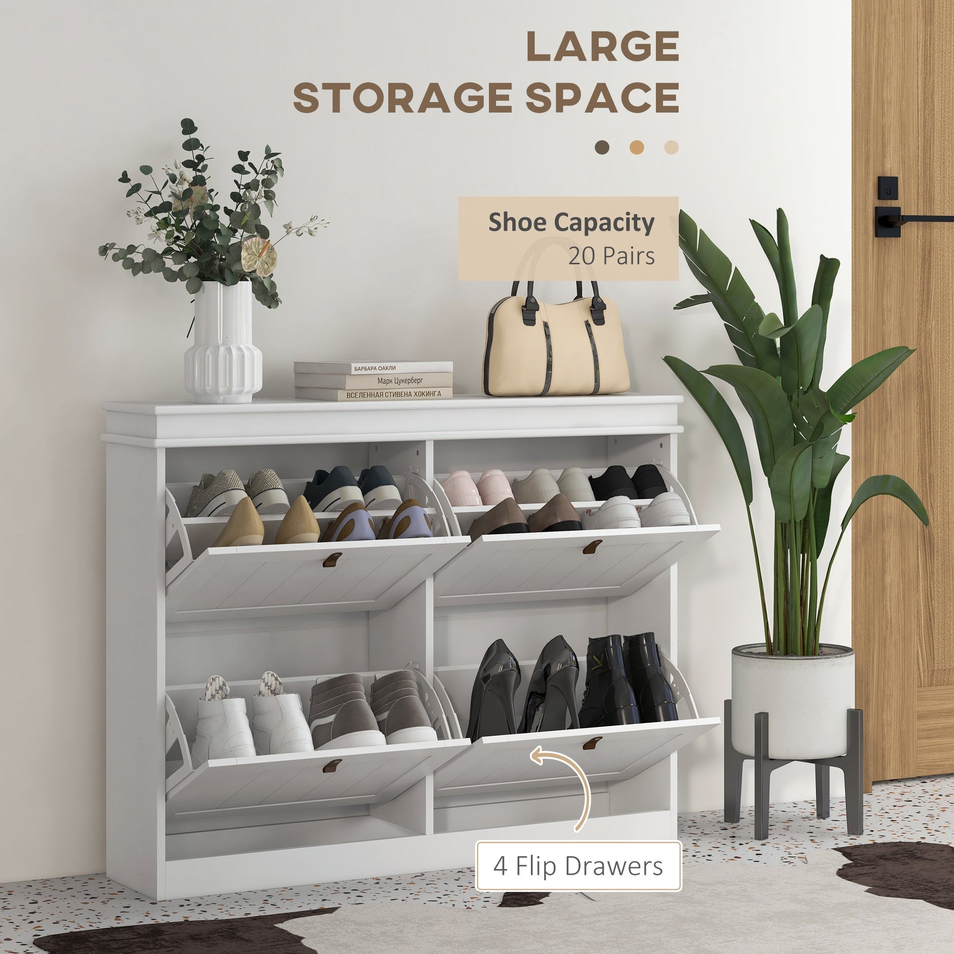 Slim Shoe Cabinet, Shoe Cabinet with 4 Drop-Down Drawers, 105W x 24D x 82.5H cm,  White
