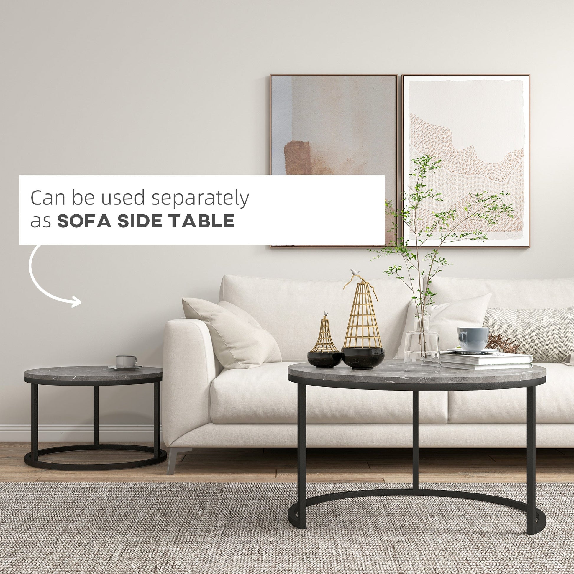Industrial Nesting Coffee Table Set of 2, Round Coffee Tables, Living Room Table with Faux Marbled Top and Steel Frame
