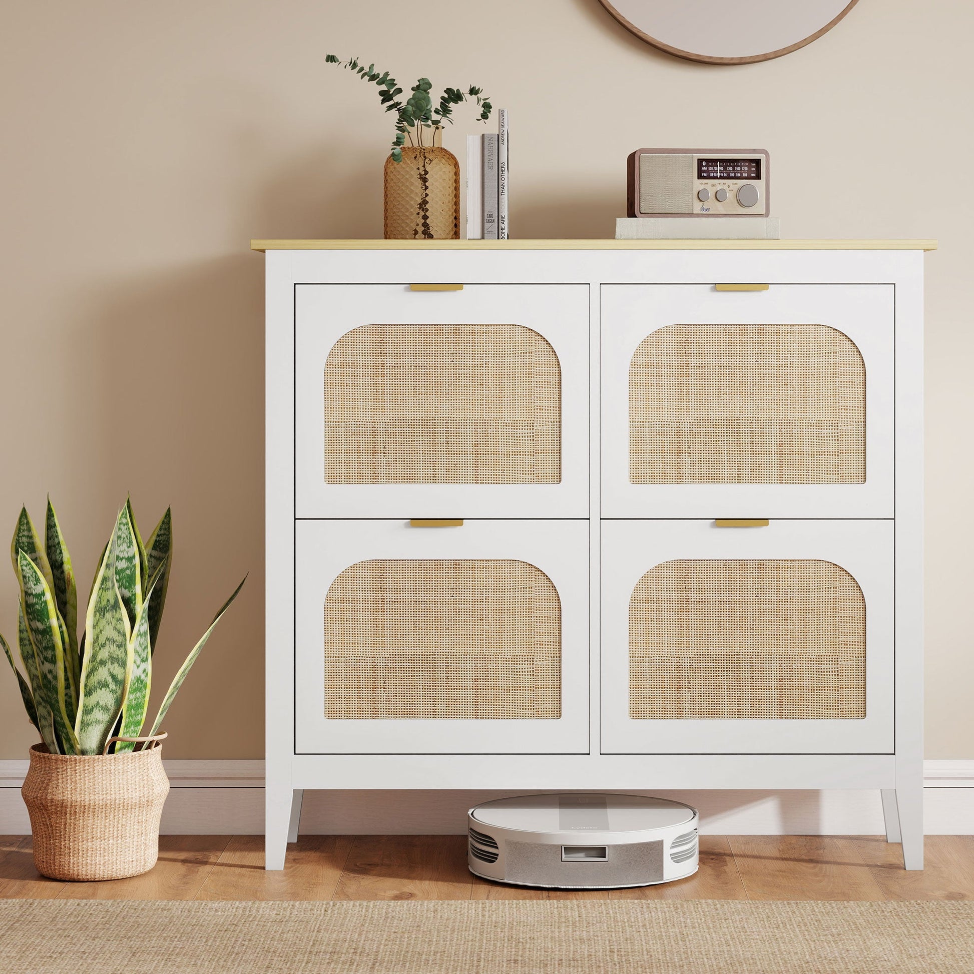 Narrow Shoe Cabinet, Boho Slim Shoe Storage Cabinet with 4 Flip Drawers, Holds 20 Pairs, White