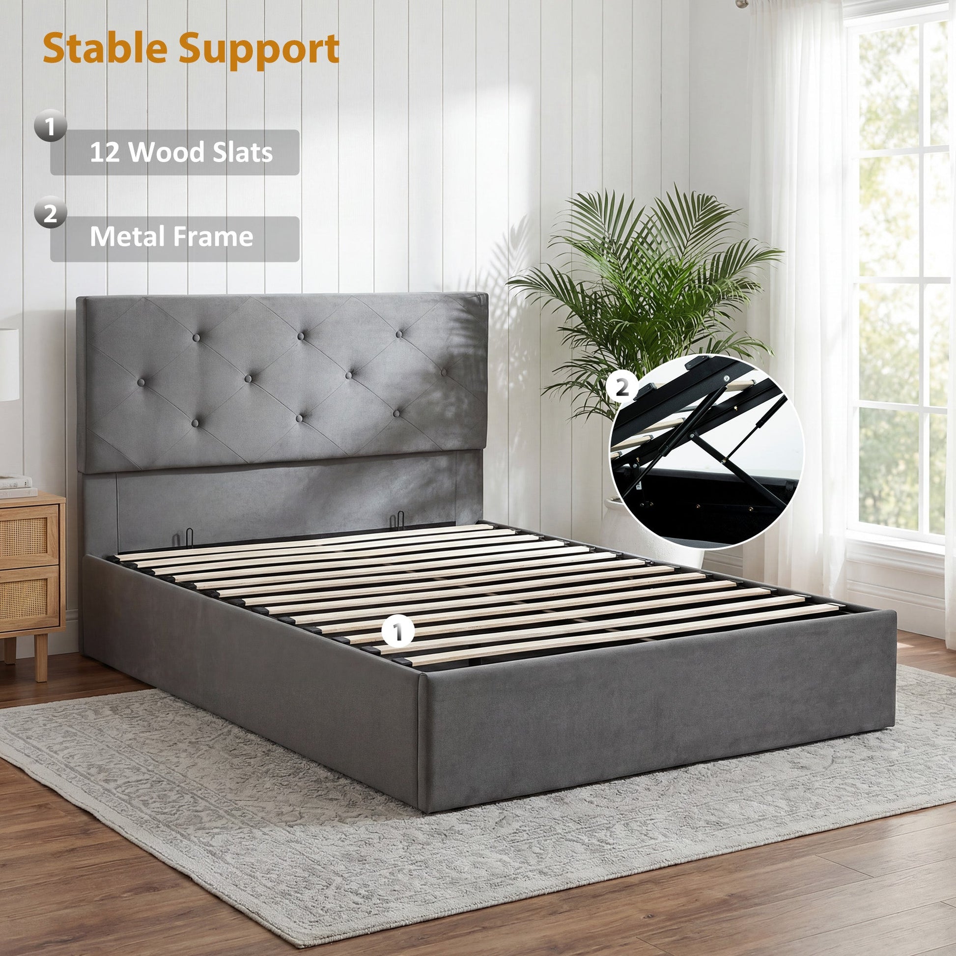 Double Bed Frame Gas Side Lift Under Bed Storage Upholstered Platform Bed Tufted Headboard for 140 x 190 cm Mattress