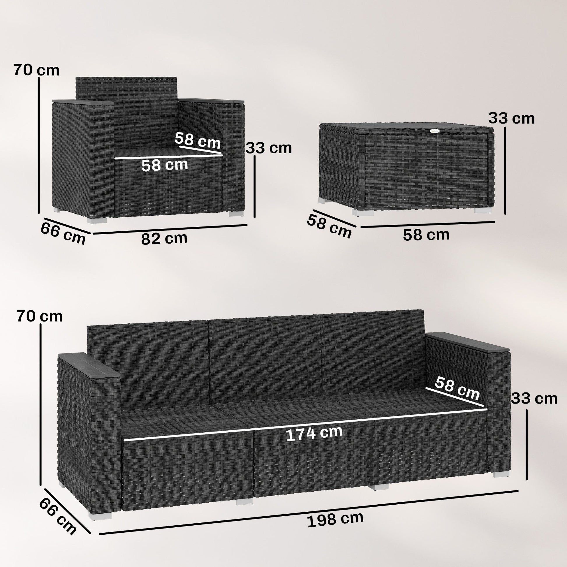 5 Seater Rattan Garden Furniture Set with Wide Armrests, Cushions, Pillows for Patio, Dark Grey