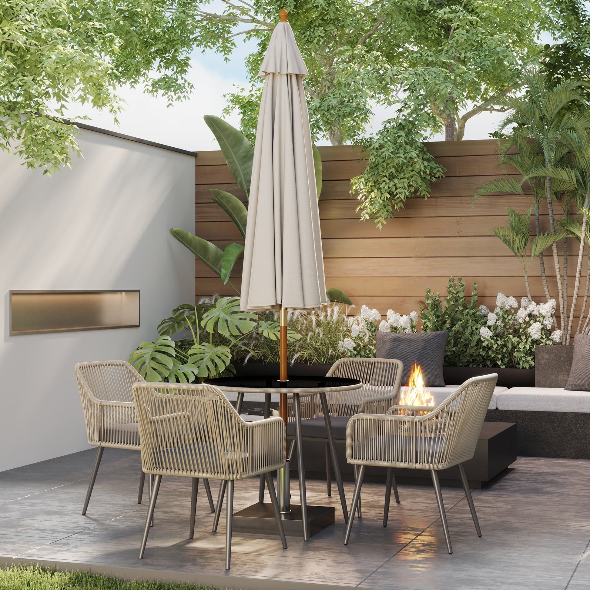 4 Seater Rattan Dining Set, Rattan Garden Furniture Set with Parasol Hole, Outdoor Dining Table and Chairs Set with Cushions, Round Glass Top Table for Patio, Balcony, Light Brown