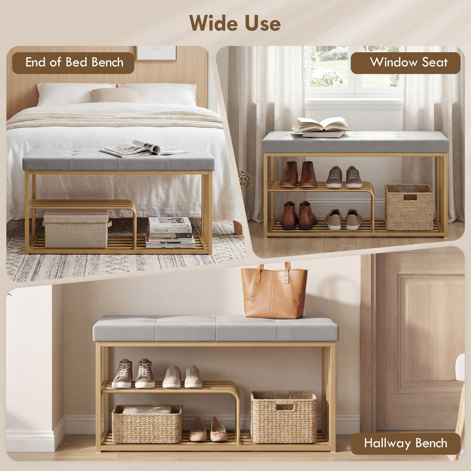 Bench and Shoe Storage, Tufted Shoe Storage Bench with Velvet Seat Cushion Gold Steel Frame for Entryway, Grey