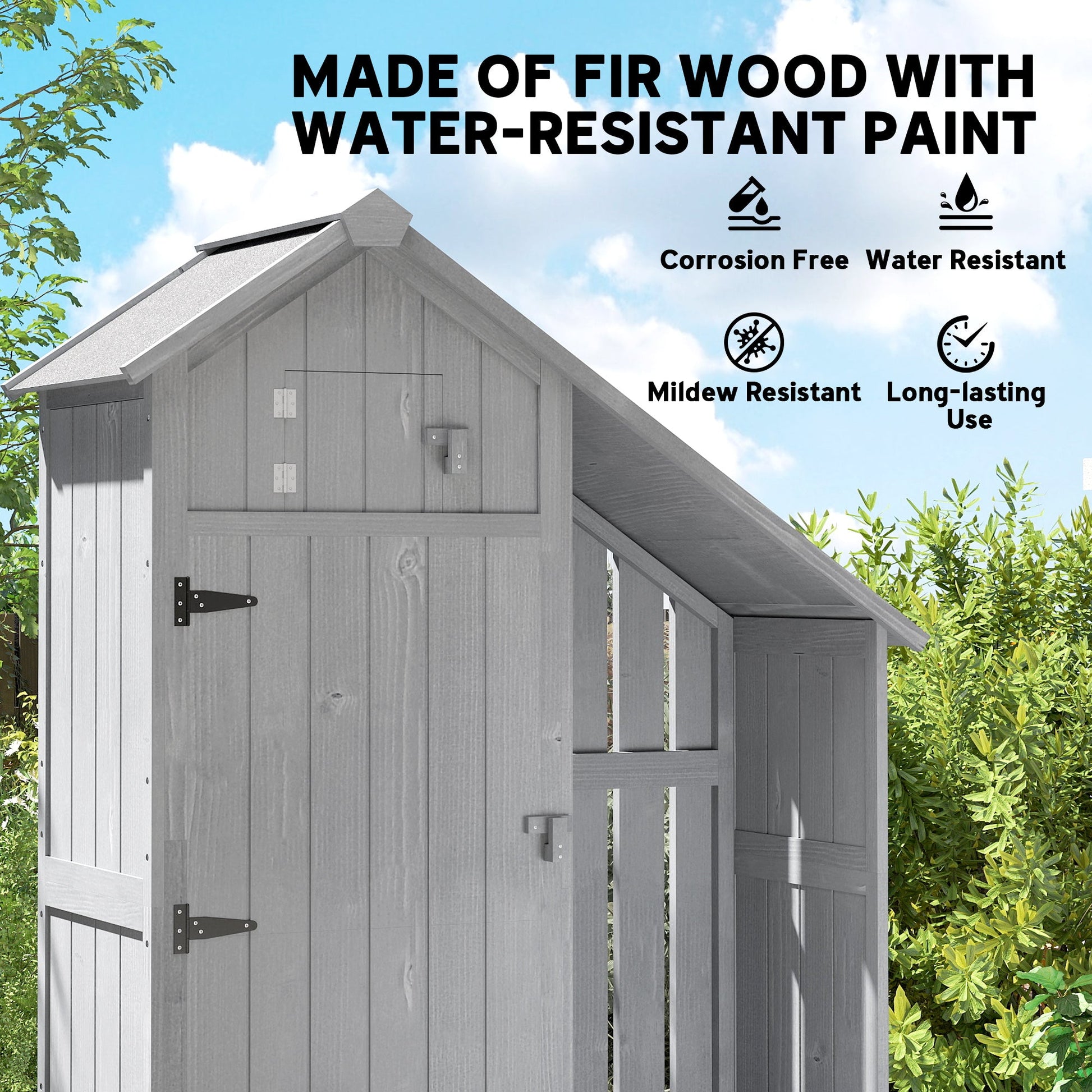 Garden Outdoor Storage Shed 3 Shelves Tilt Roof w/ Firewood Rack Log Carrier, 129L x 51.5W x 180H cm
