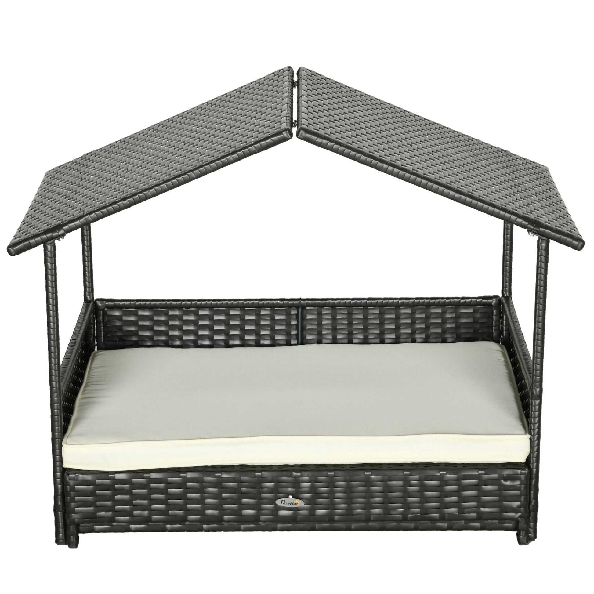 Extendable Elevated Dog Bed, Rattan Dog House, with Water-Resistant Roof, Removable Cushion, Cream