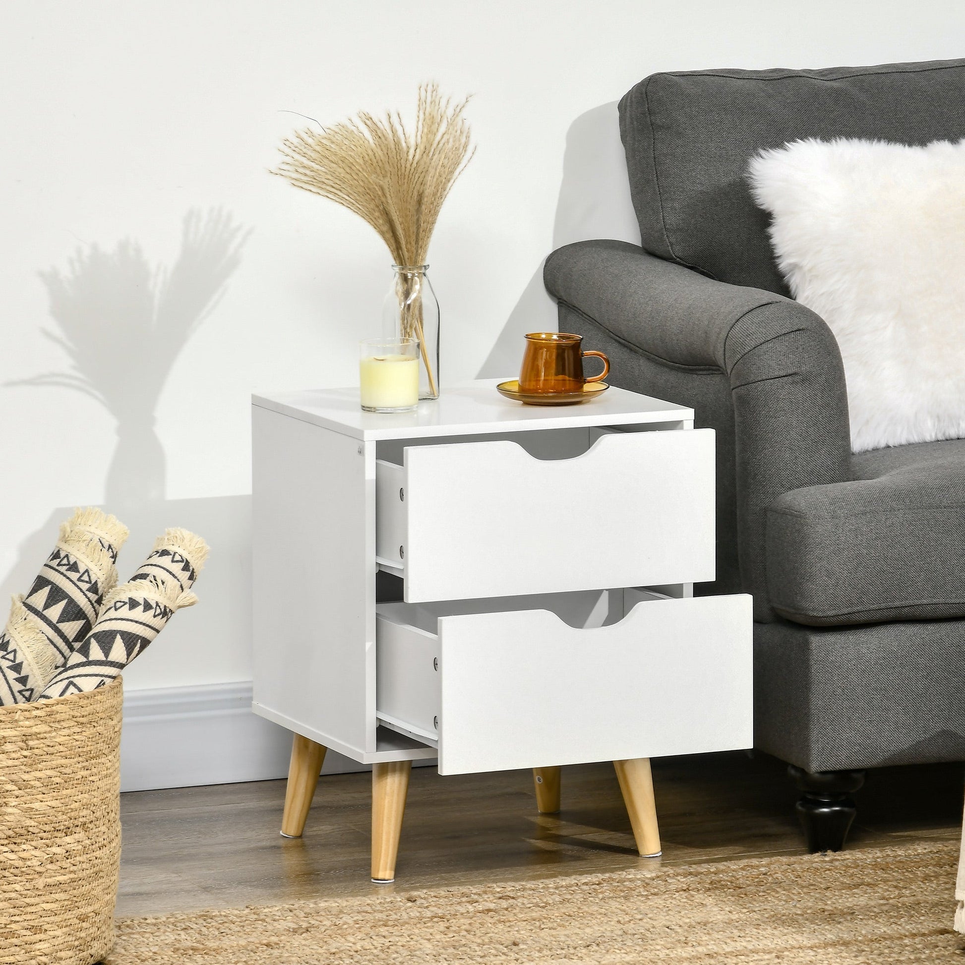 Bedside Table, Bedside Cabinet with 2 Drawers, Side End Table with Pine Wood Legs for Bedroom Living Room, White