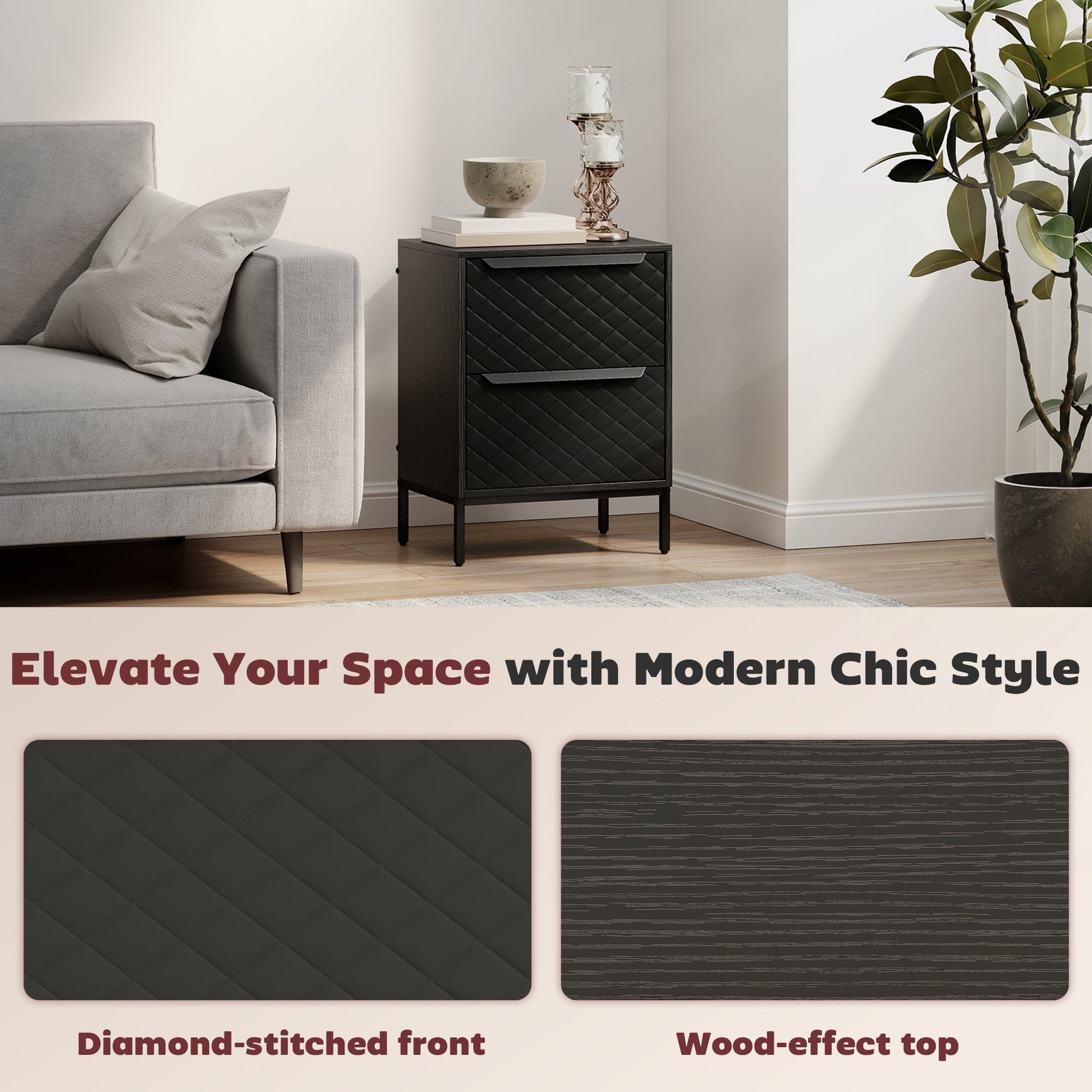 Chest of Drawers, Dresser with 2 Fabric Drawers and Aluminium Handles - Black