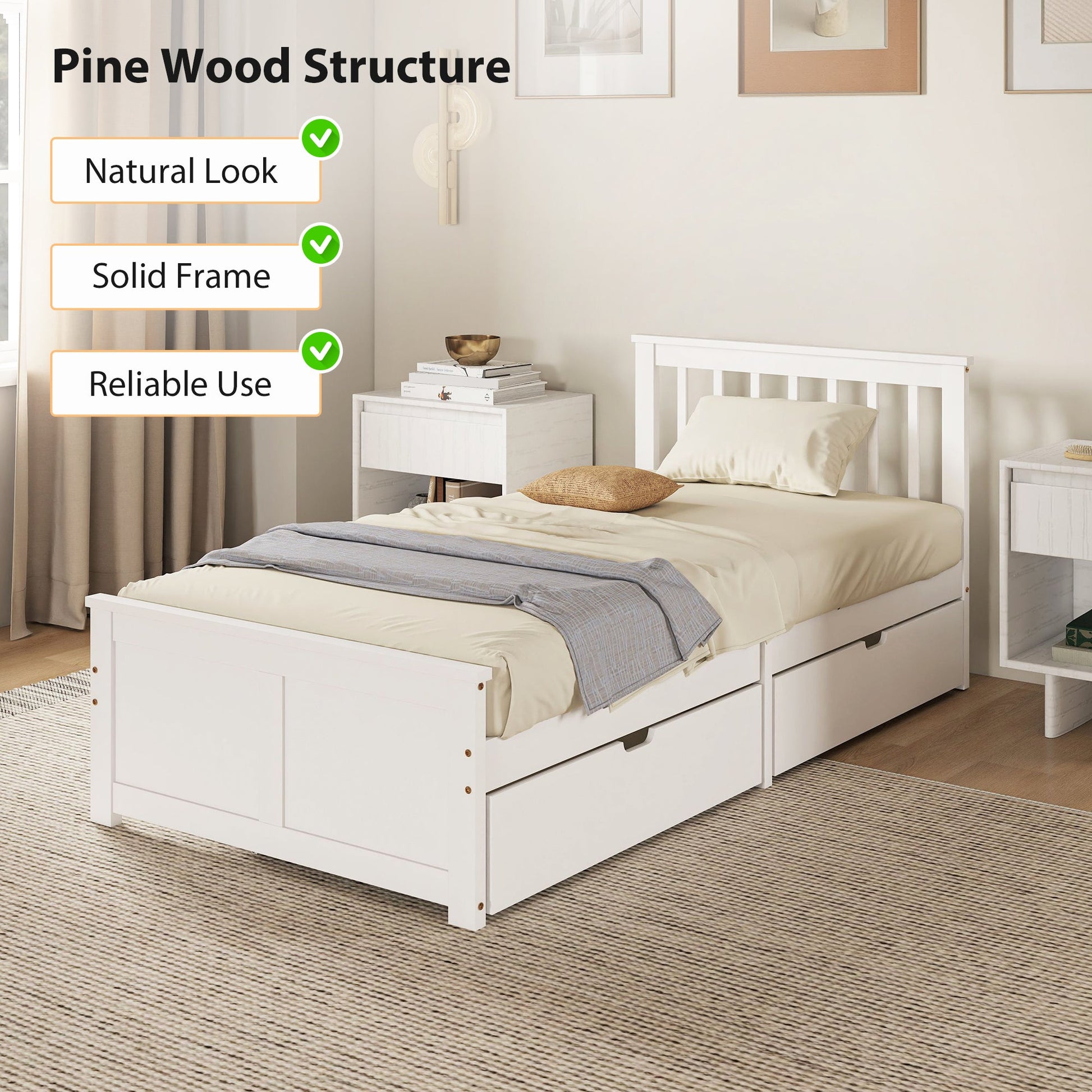 Wooden Single Bed Frame, with Drawers - White