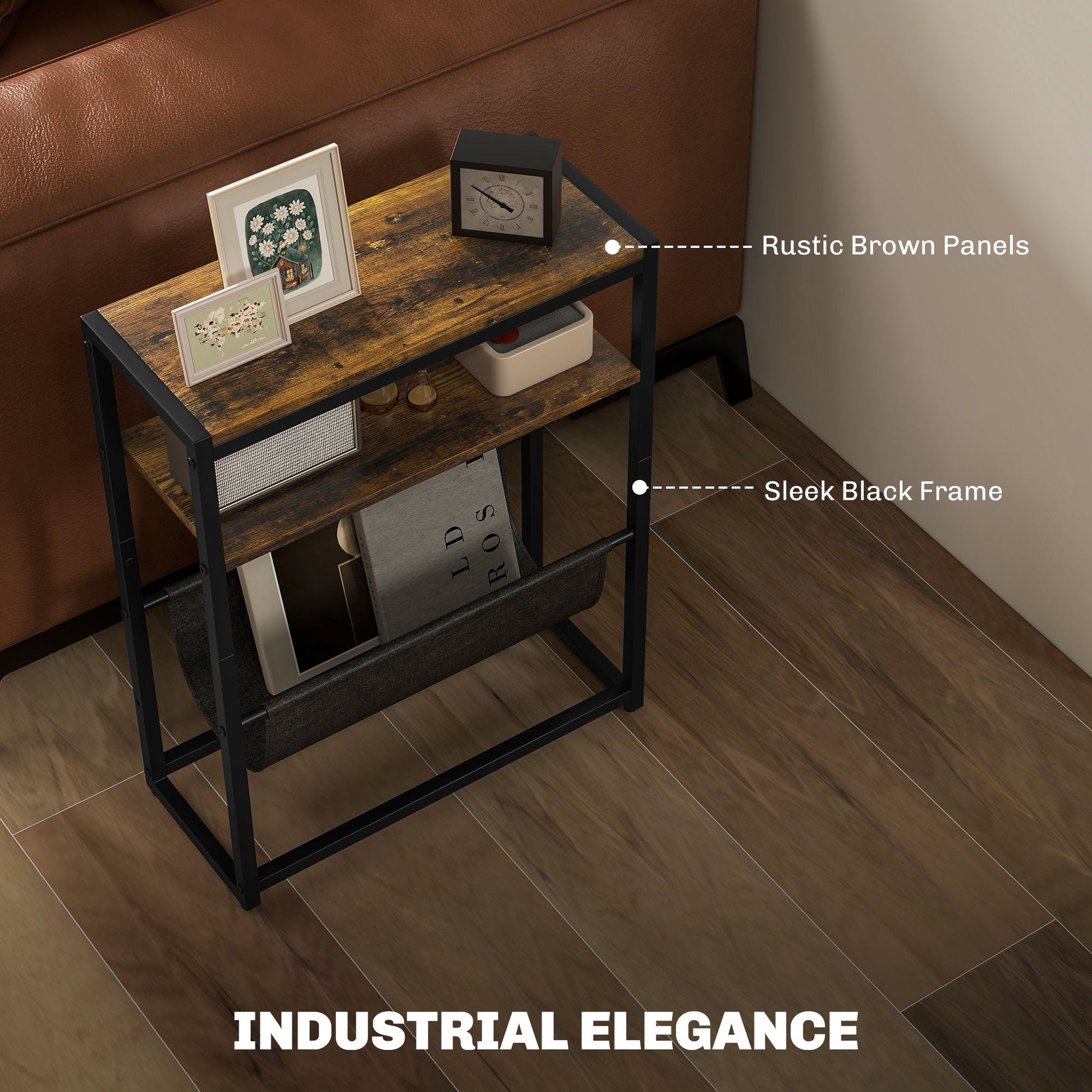 Narrow Side Table, End Table with 3-Tier Storage, V-Shaped Magazine Holder for Living Room, Bedroom, 43 x 18 x 56 cm, Ru