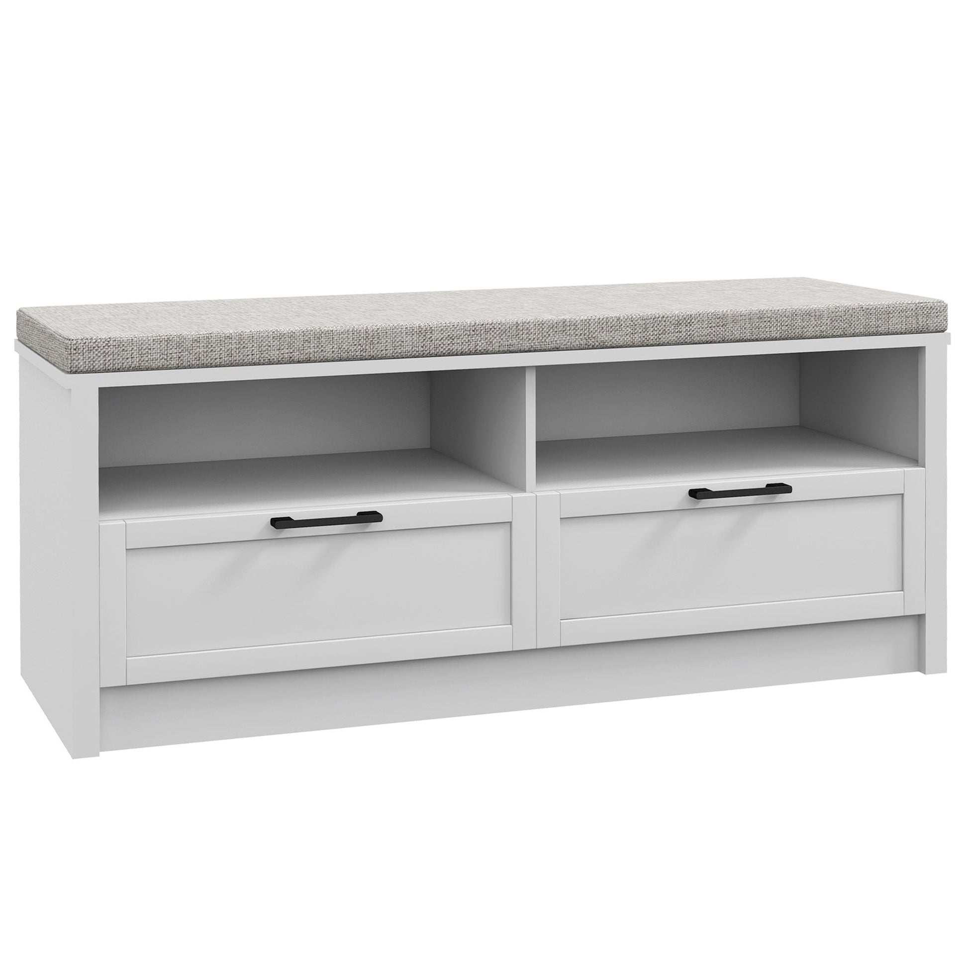 Shoe Bench with Removable Cushion, Shoe Storage Bench with Padded Seat, Open Compartments and Drawers for Entryway Hallway