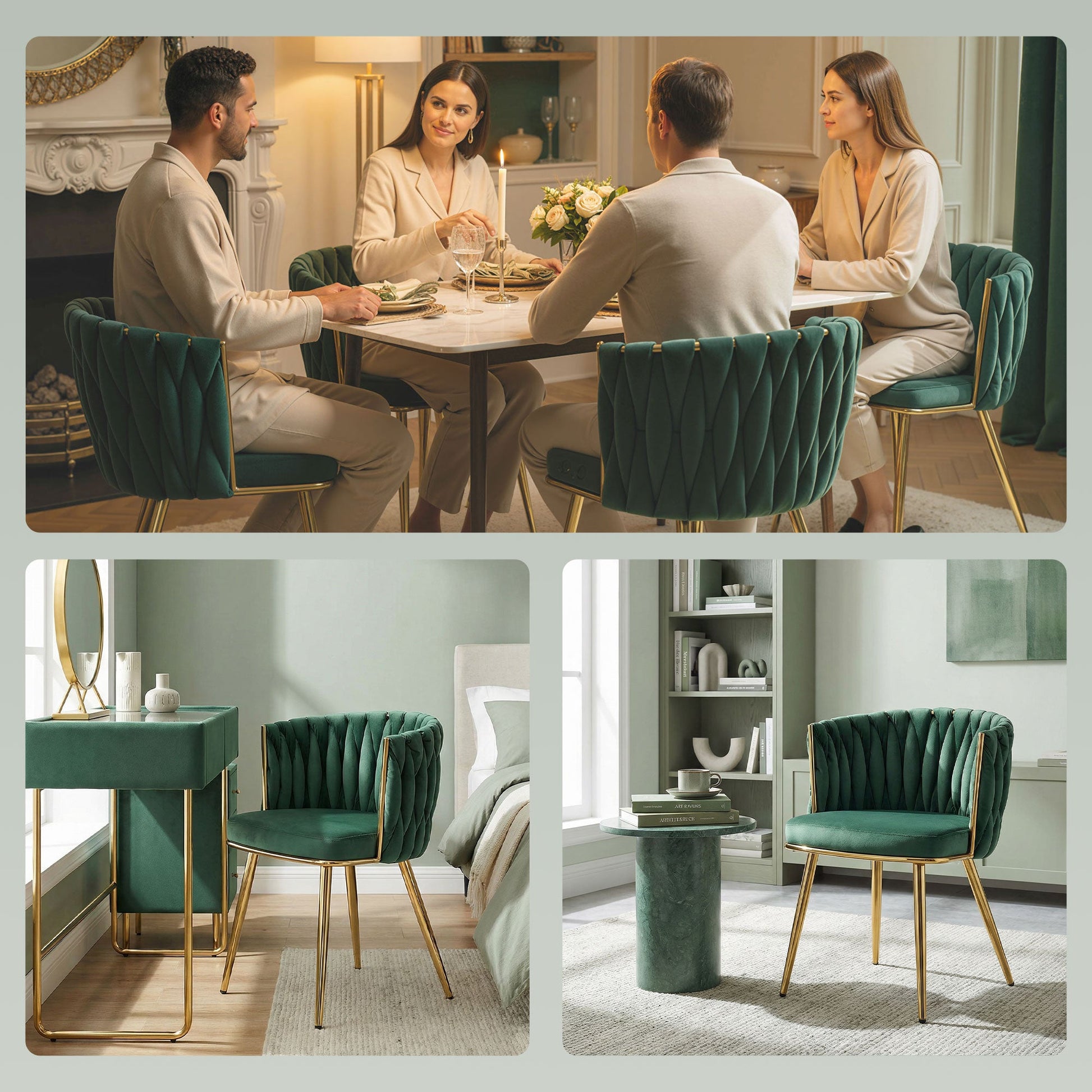 Velvet-Feel Dining Chairs Set of 2, Modern Upholstered Armchair with Knot Design and Golden Metal Legs, Accent Chair for Dining Room, Bedroom, Kitchen, Living Room, Dark Green