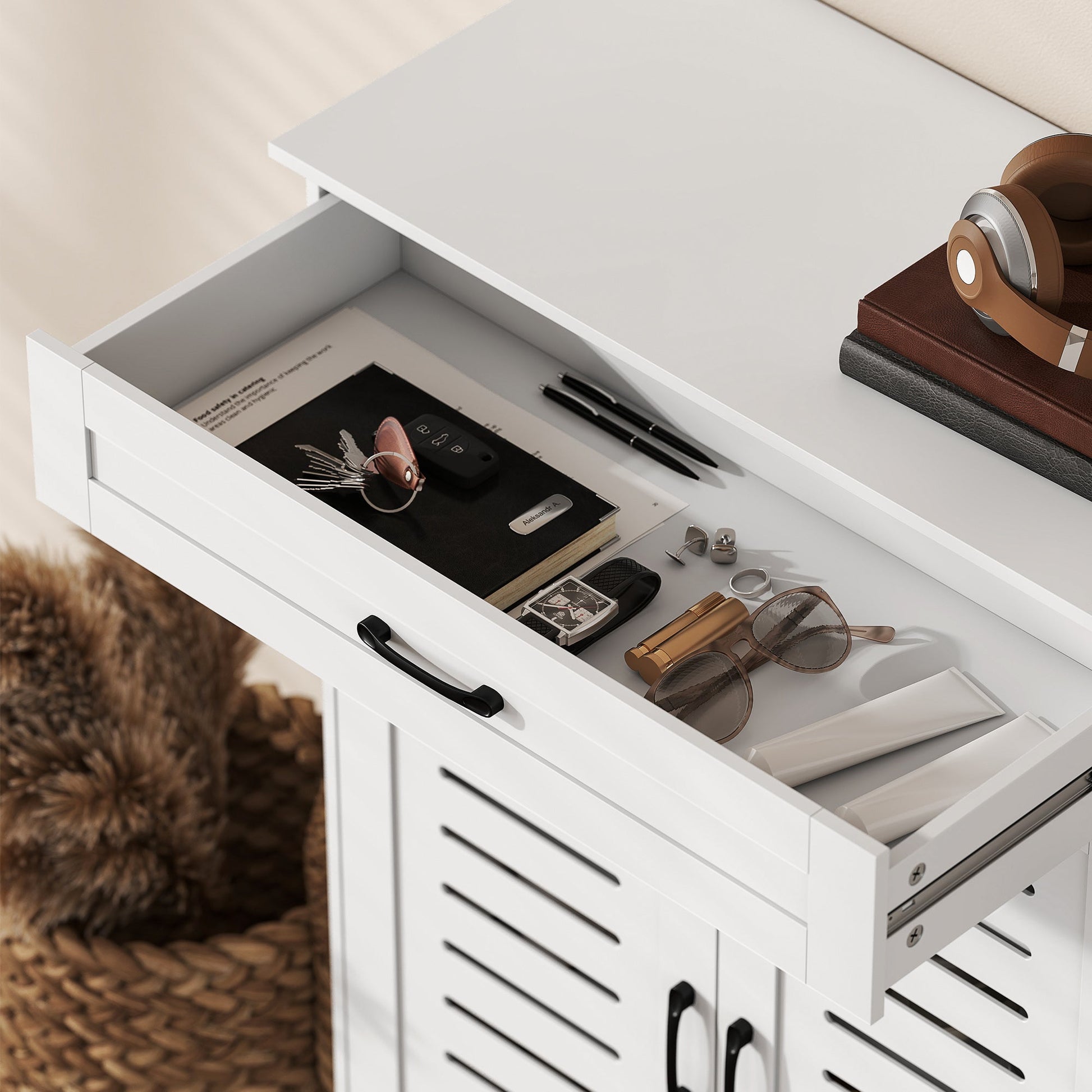 Shoe Cabinet with Louvered Doors, Modern Shoe Storage Cabinet with Drawer and Adjustable Shelves, White