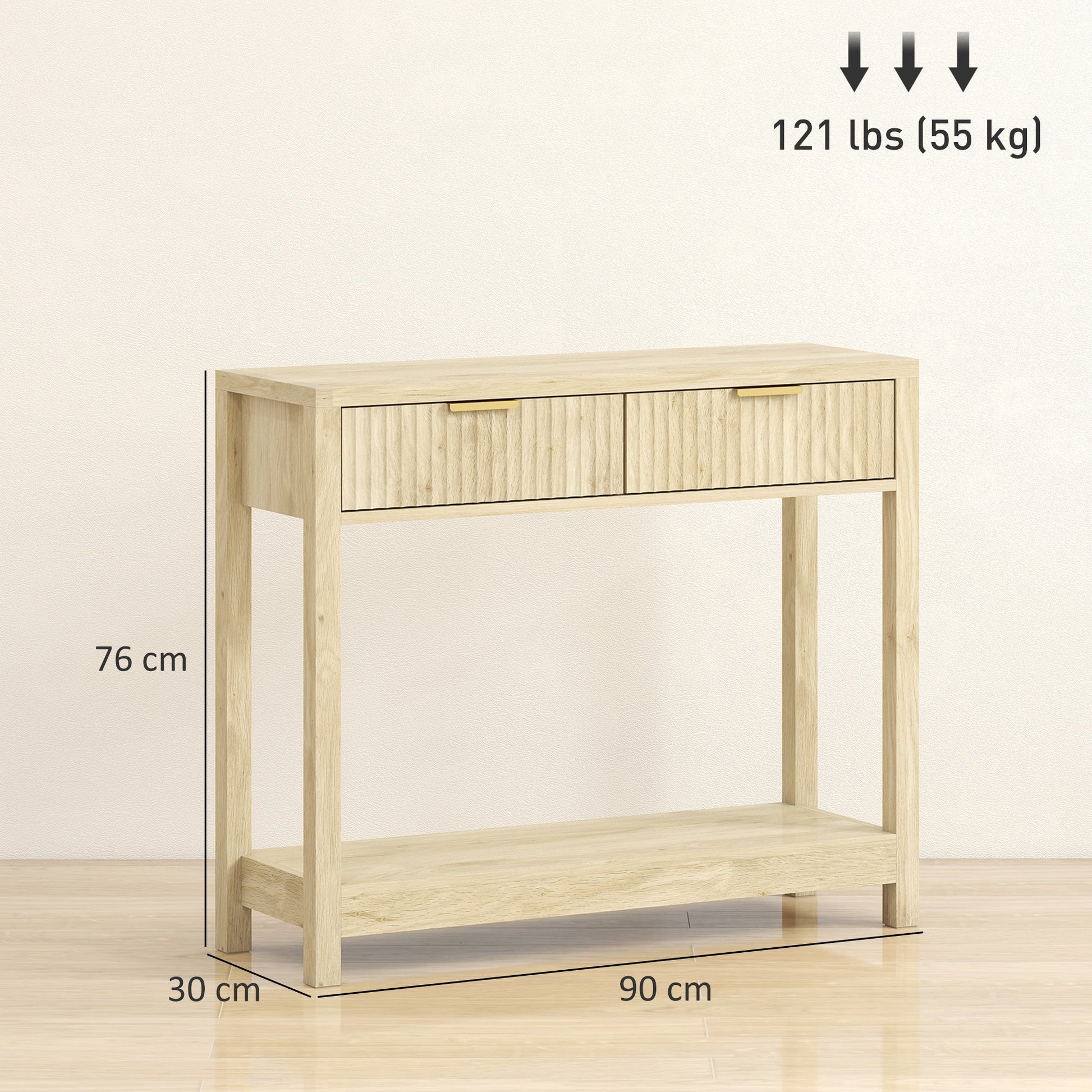 Modern Console Table with Fluted Panel Drawers, Narrow Hallway Table with Shelf for Entryway, Living Room, 90 x 30 x 76 cm, Natural Wood Finish