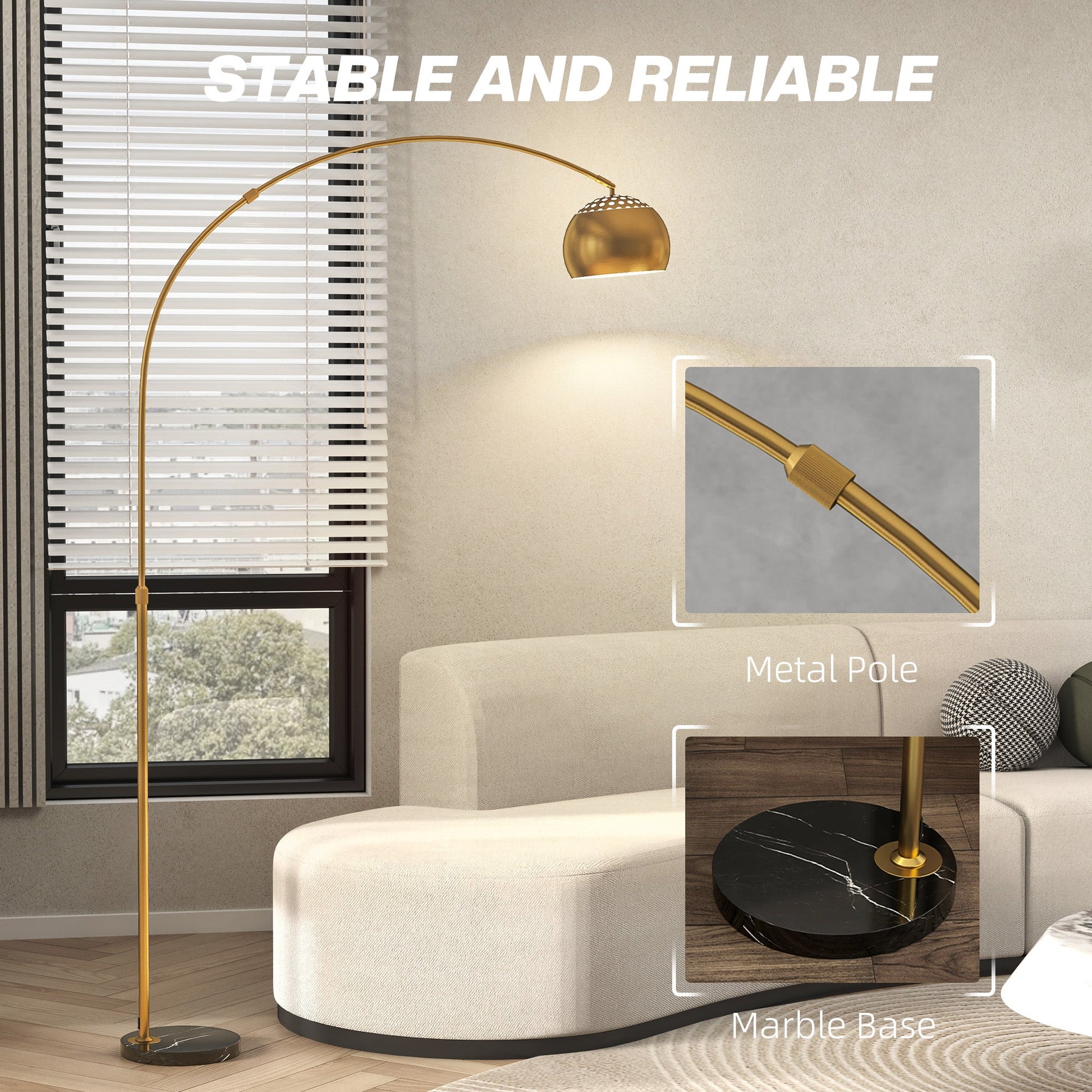180cm Arc Floor Lamp for Living Room, Home Offices, Bedrooms, Modern Standing Lamp with Foot Switch, Faux Black Marble Base and Bell Shade, Gold Tone