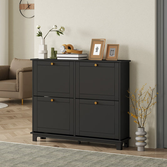 Narrow Shoe Storage Cabinet, Slim Shoe Cabinet with 4 Flip Drawers, Adjustable Shelves for 16 Pairs of Shoes, Black