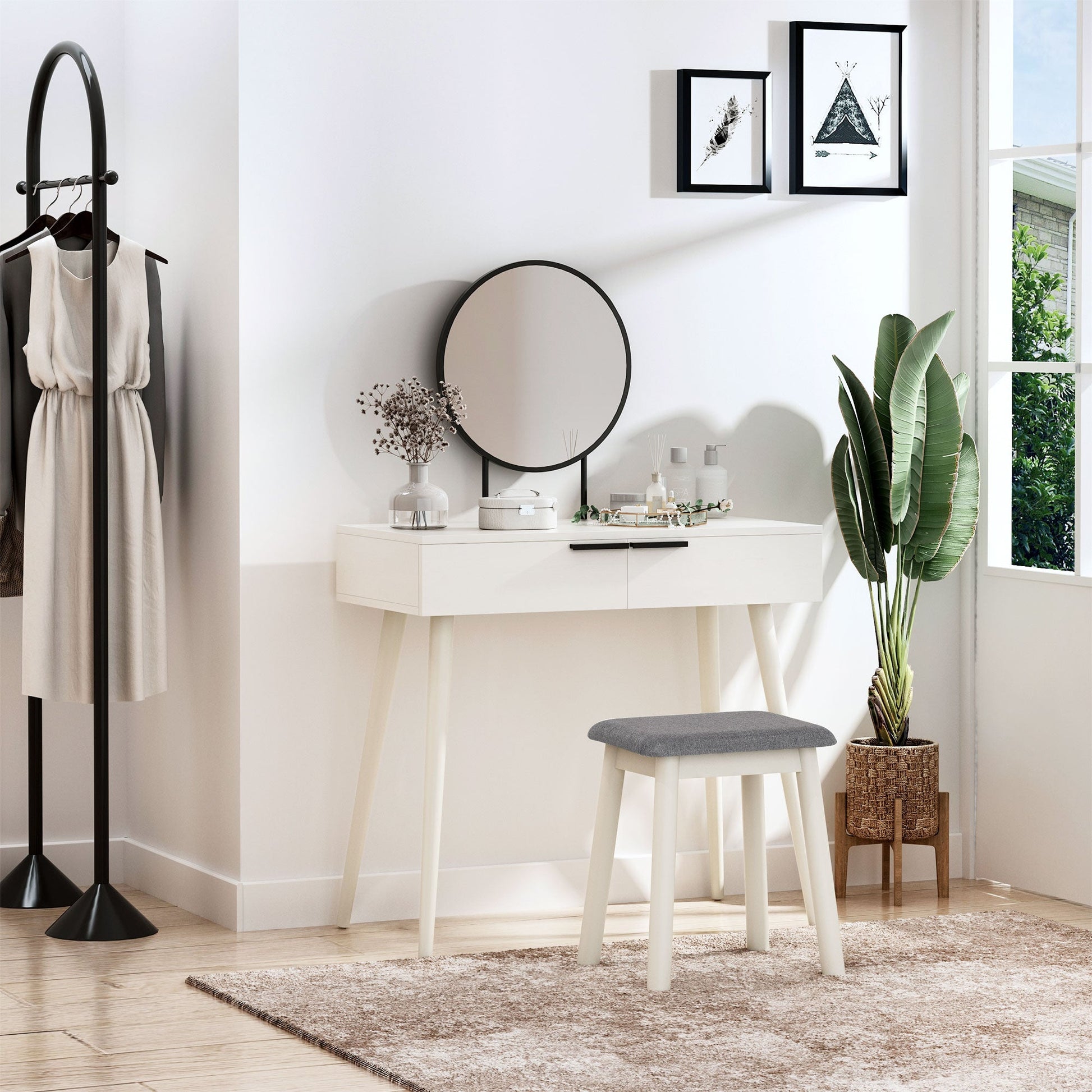 Dressing Table with Mirror and Stool, Vanity Makeup Desk Set with 2 Drawers, Cushioned Stool and Make-up Organizer for Bedroom and Dressing Room, White