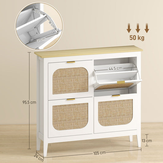 Narrow Shoe Cabinet, Boho Slim Shoe Storage Cabinet with 4 Flip Drawers, Holds 20 Pairs, White