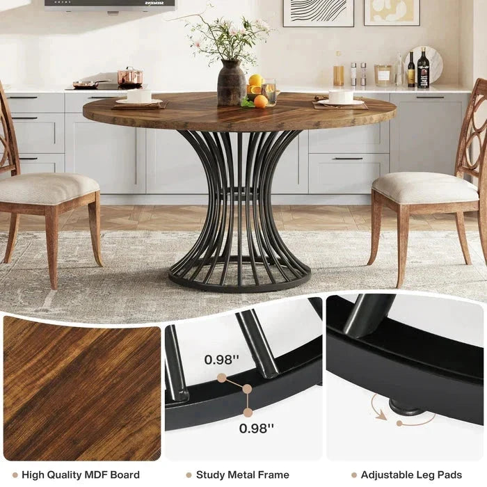Modern Round Dining Table - Walnut Pedestal Base & Parquet Top