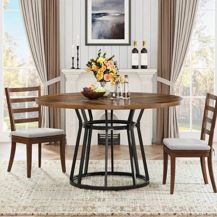 Round Modern Walnut Dining Table - Architectural Pedestal Base & Parquet Top