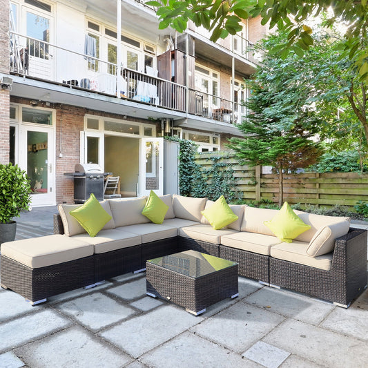 8 Pieces PE Rattan Corner Sofa Set with Thick Cushions, Aluminium Outdoor Rattan Garden Furniture Set with Glass Top Table, No Assembly Required, Mixed Brown
