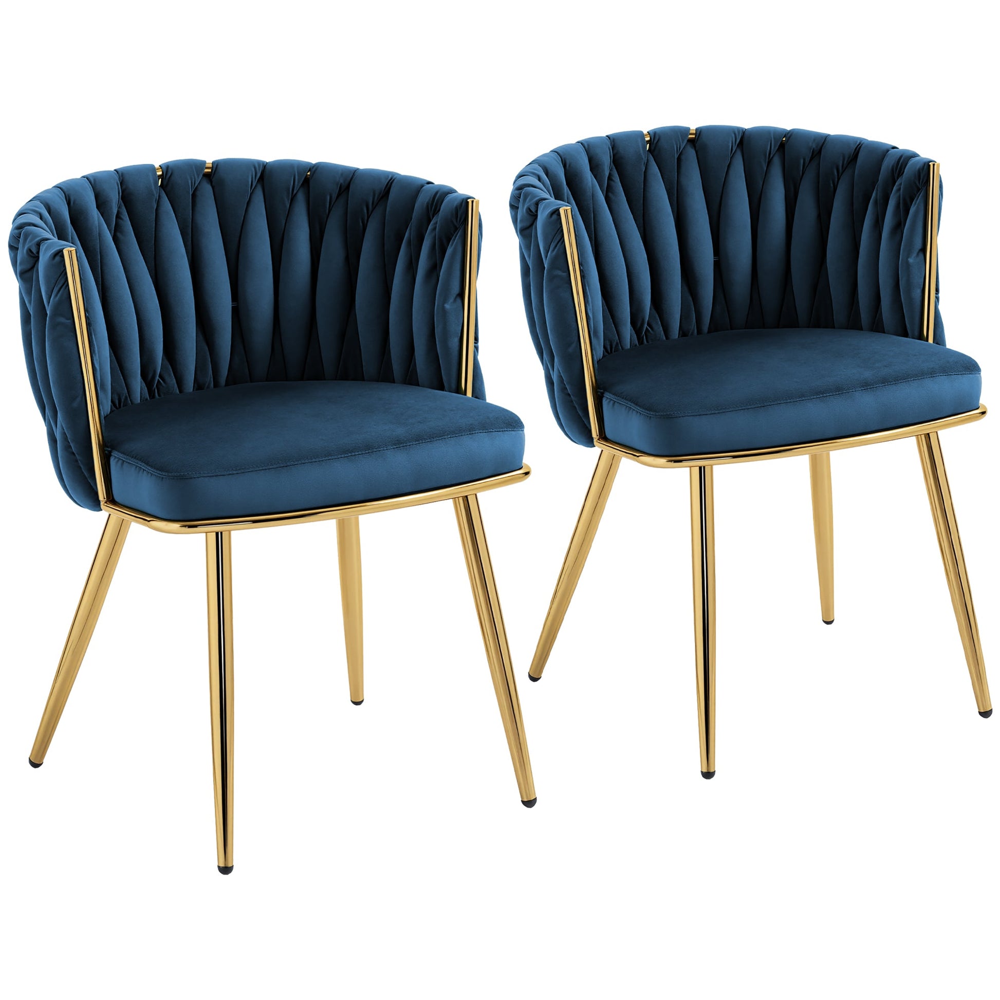 Velvet-Feel Dining Chairs Set of 2, Modern Upholstered Armchair with Knot Design and Golden Metal Legs, Accent Chair for Dining Room, Bedroom, Kitchen, Living Room, Dark Blue