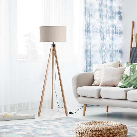 Floor Lamp with Elegant Wood Tripod, Free Standing E27 Bulb Lamp Versatile Use For Home Office - Beige