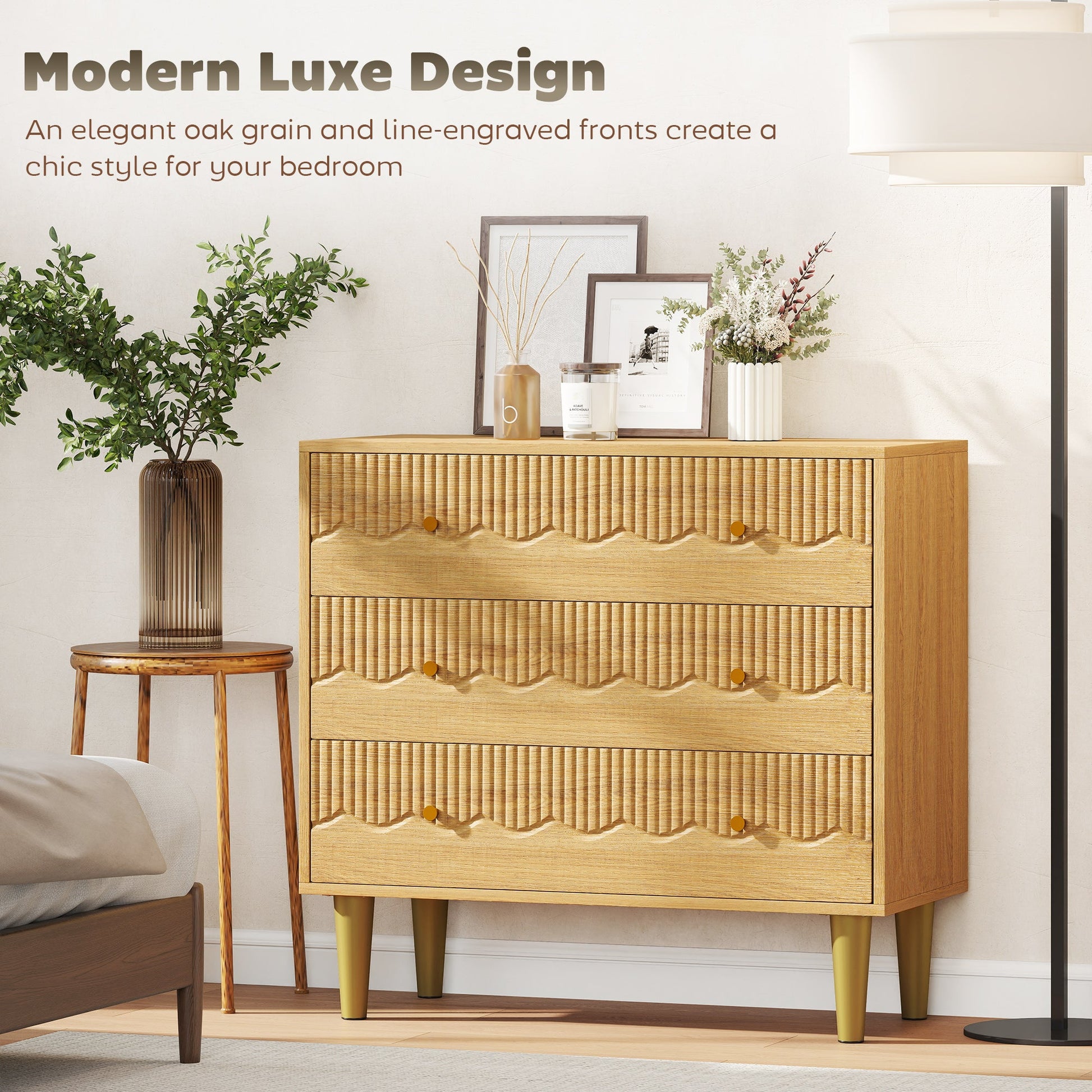 Dresser for Bedroom 3 Drawer Chest of Drawers with Steel Frame for Living Room in Oak